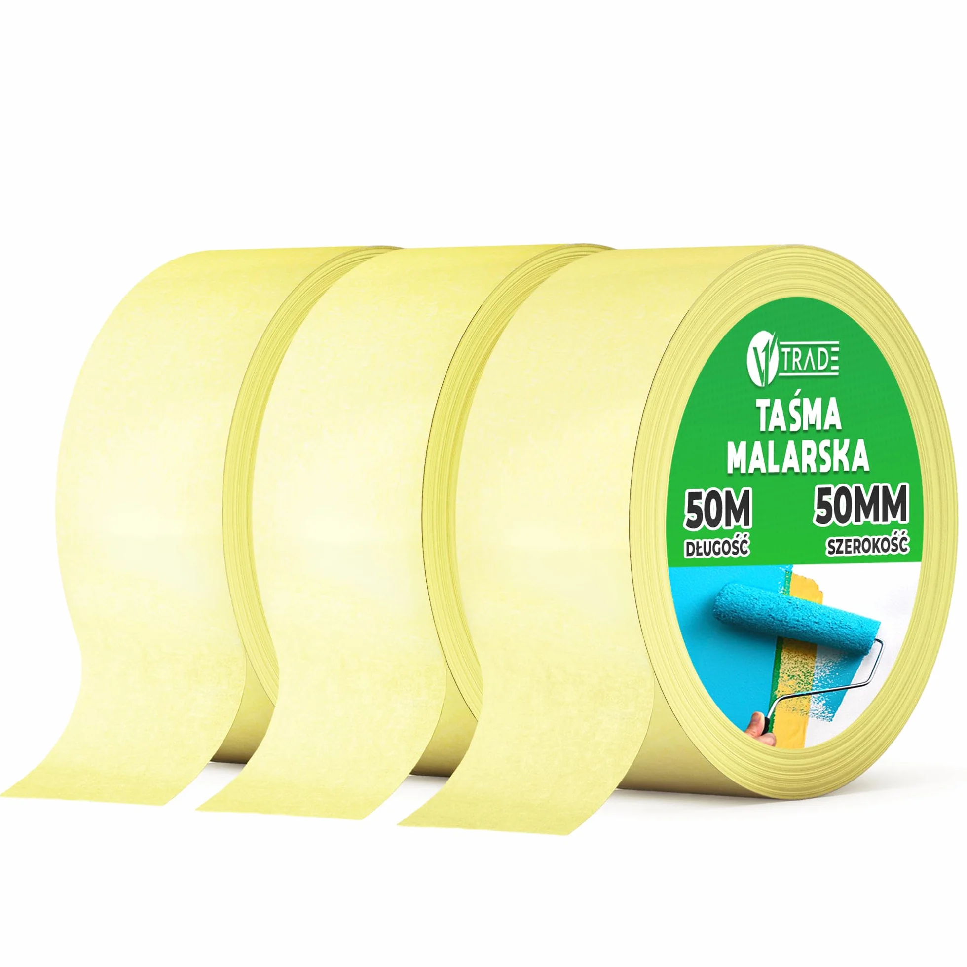V1 Trade Taśma maskująca 50 mm x 50 m, 3 sztuki, uniwersalna taśma malarska, łatwa do zdejmowania, wodoodporna taśma malarska, żółta taśma klejąca