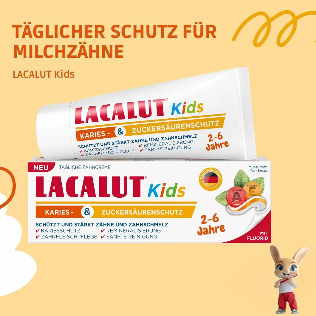 Lacalut Kids 2-6 lat 55 ml – pasta do zębów dla dzieci z wysoce skuteczną ochroną przed próchnicą i kwasem cukrowym – pasta do zębów z technologią 2-fazową i witaminą A+E