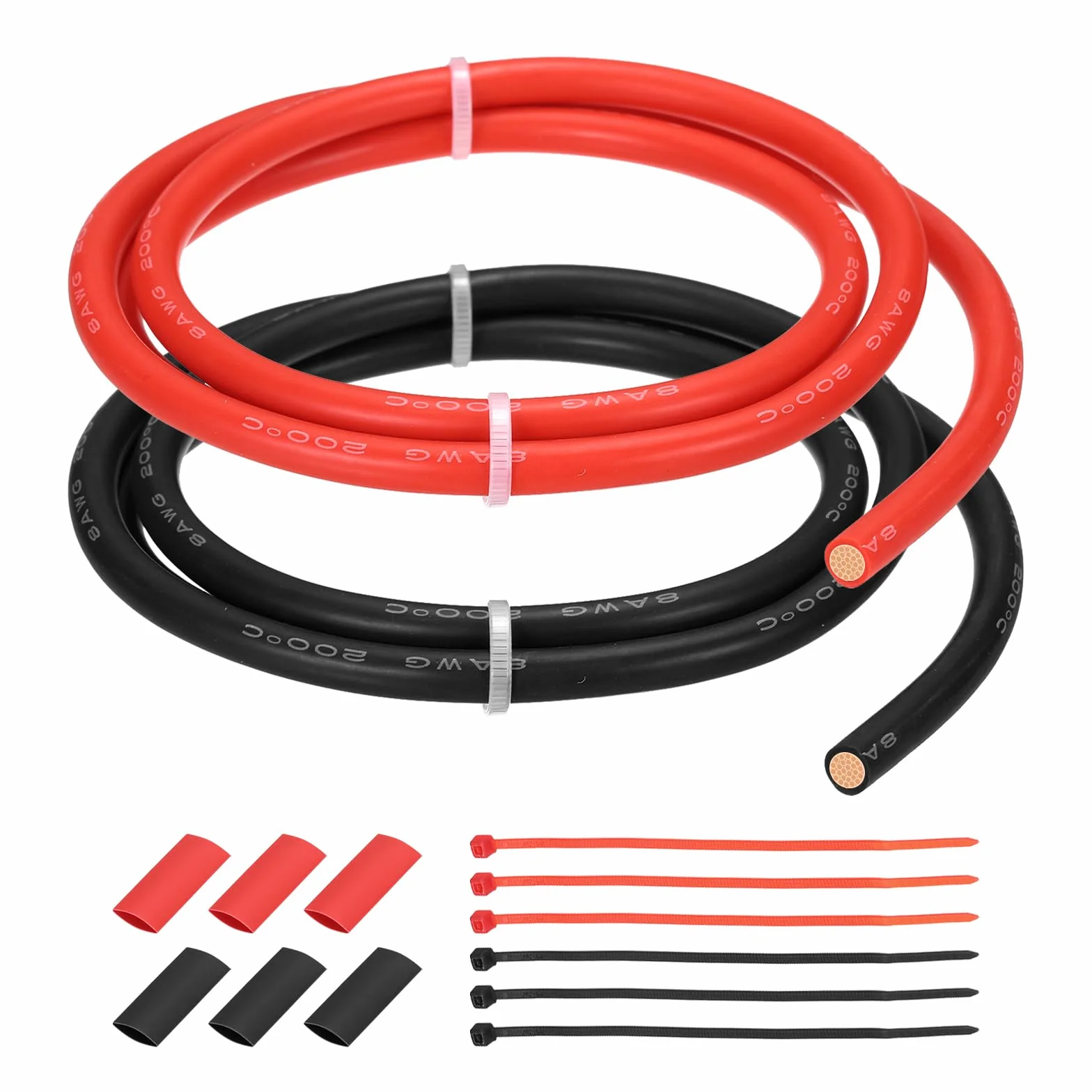 QUARKZMAN 2 sztuki 8 AWG kabel silikonowy 8 G, 1 m, kabel elektryczny, silikonowy drut elektryczny z wężem termokurczliwym i opaskami kablowymi do motoryzacyjnego falownika, czerwony, czarny, 2 szt