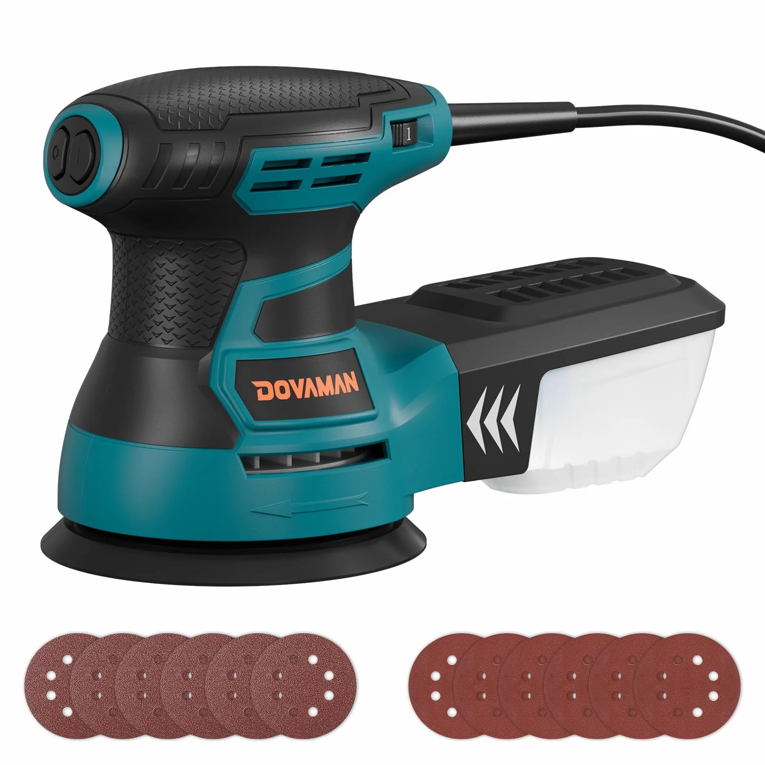 DOVAMAN ROS01A szlifierka mimośrodowa 350 W, 6 zmiennych prędkości, 13 000 obr./min, 12 sztuk papieru ściernego, 125 mm talerz szlifierski, odsysanie kurzu, do powierzchni drewnianych i stalowych