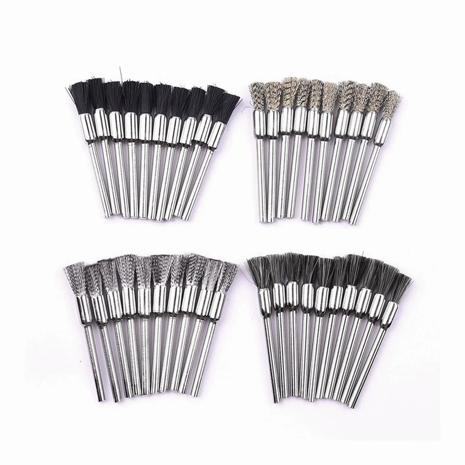 Szczotki druciane mosiężne w kształcie litery T, do zestawu wierteł, 40 sztuk/partia trzpień 3mm 4 typ Nylon/włosie końskie/mosiądz/stal polerowanie do szlifierek obrotowych