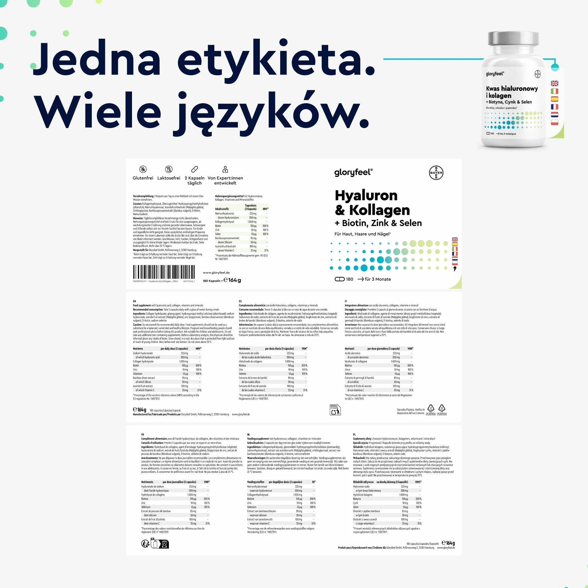 Hialuron + Kolagen, 180 Kapsułek, Kompleks dla Skóry i Włosów z Biotyna, Witamina C, Cynk, Selen i Ekstrakt z Bambusa, Testowane Laboratoryjnie, Wyprodukowano w DE bez Dodatków, Suplement Diety