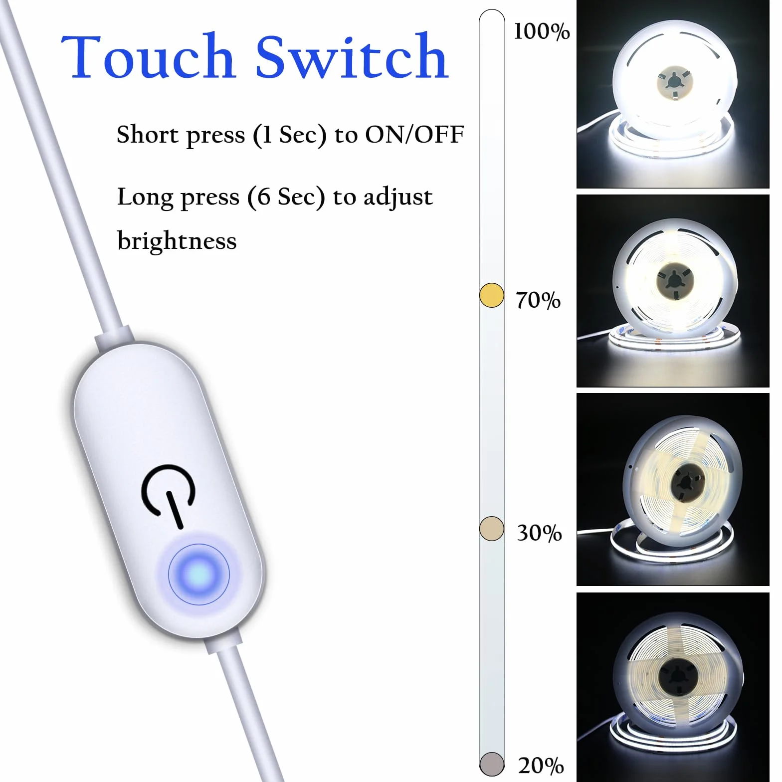 Taśma świetlna LED, 5 V, USB, 2 m, 640 diod LED, dotykowa, bezstopniowa, ściemniana, COB, taśma LED, 6000 K, biała, 13 W, elastyczne światła LED do sypialni, kuchni, do samodzielnego