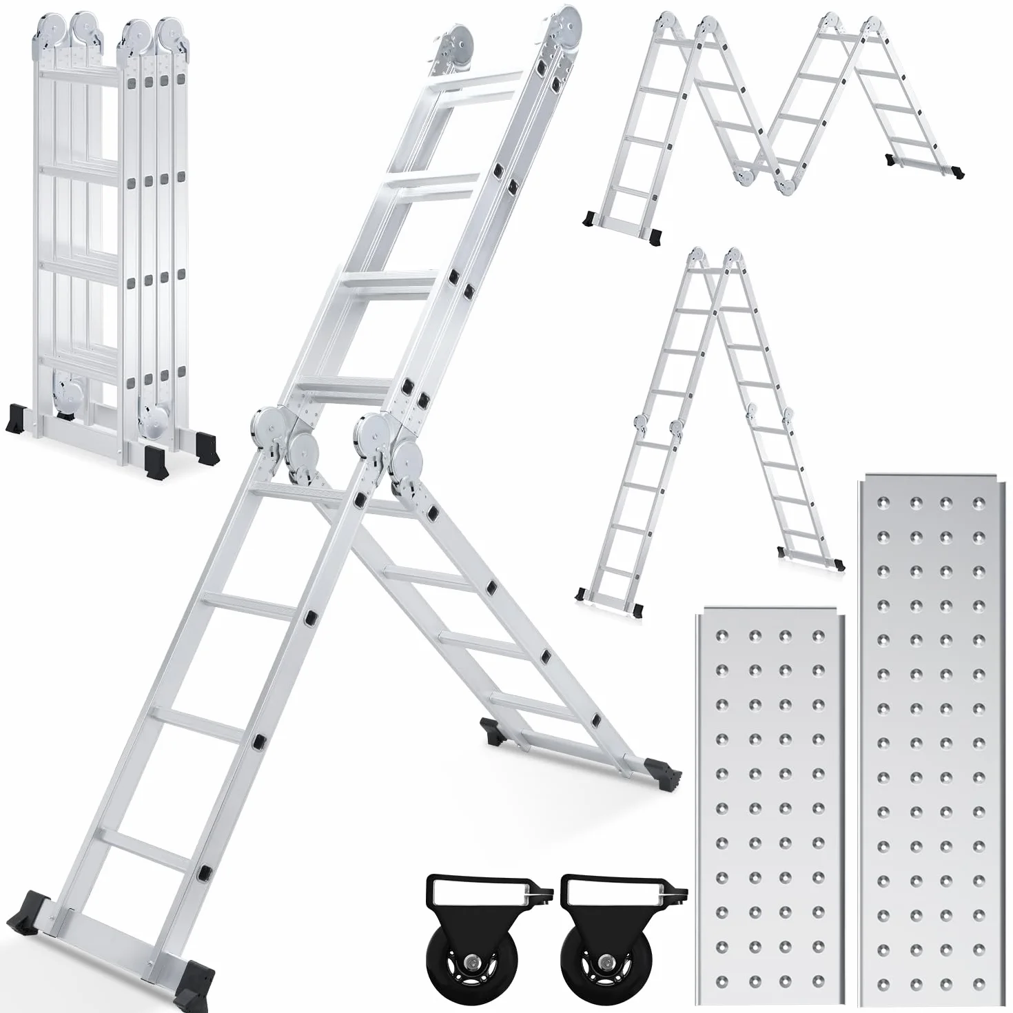 Ikodm 4,7 m 4 x 4 stopnie aluminiowa drabina wielofunkcyjna, z platformą, drabina z 2 płytami rusztowania, drabina do 150 kg, drabina wielofunkcyjna, składana drabina 16 stopni, srebrna