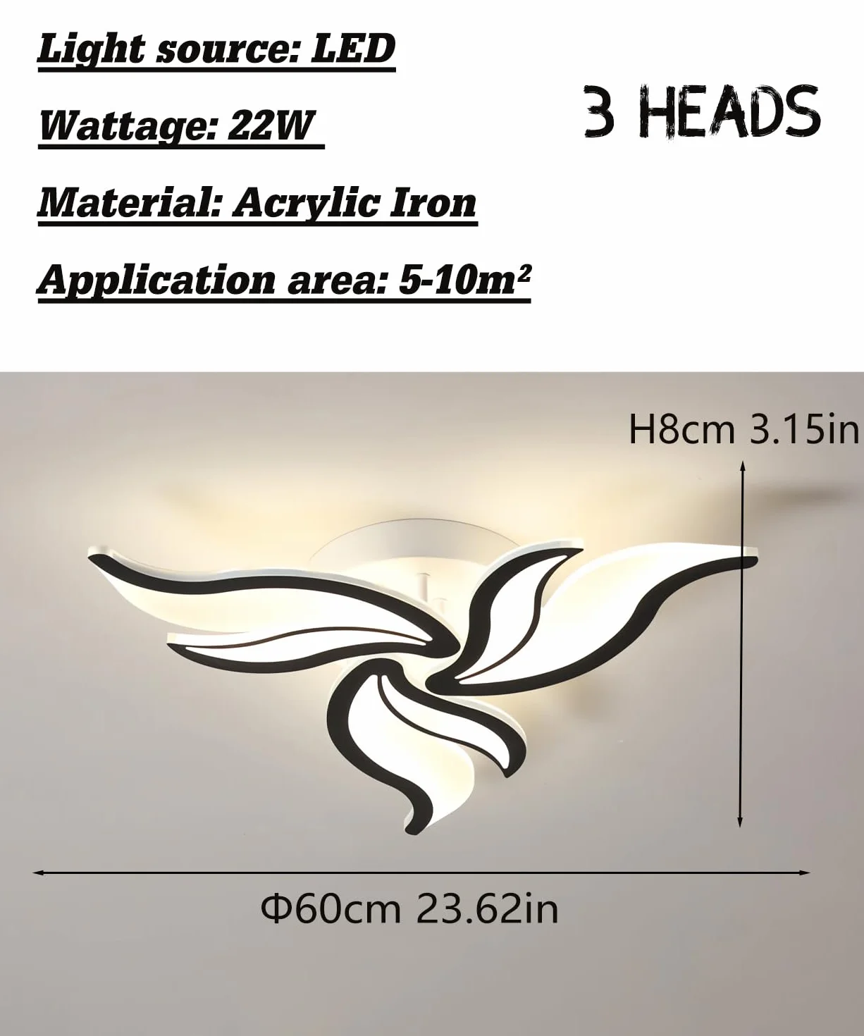 Nowoczesna lampa sufitowa LED Ściemnialna lampa sufitowa do salonu z pilotem Żyrandol 22W 3000K-6500K Lampy sufitowe w kształcie kwiatów do sypialni Jadalnia Biuro (Czarny, 3 głowic)