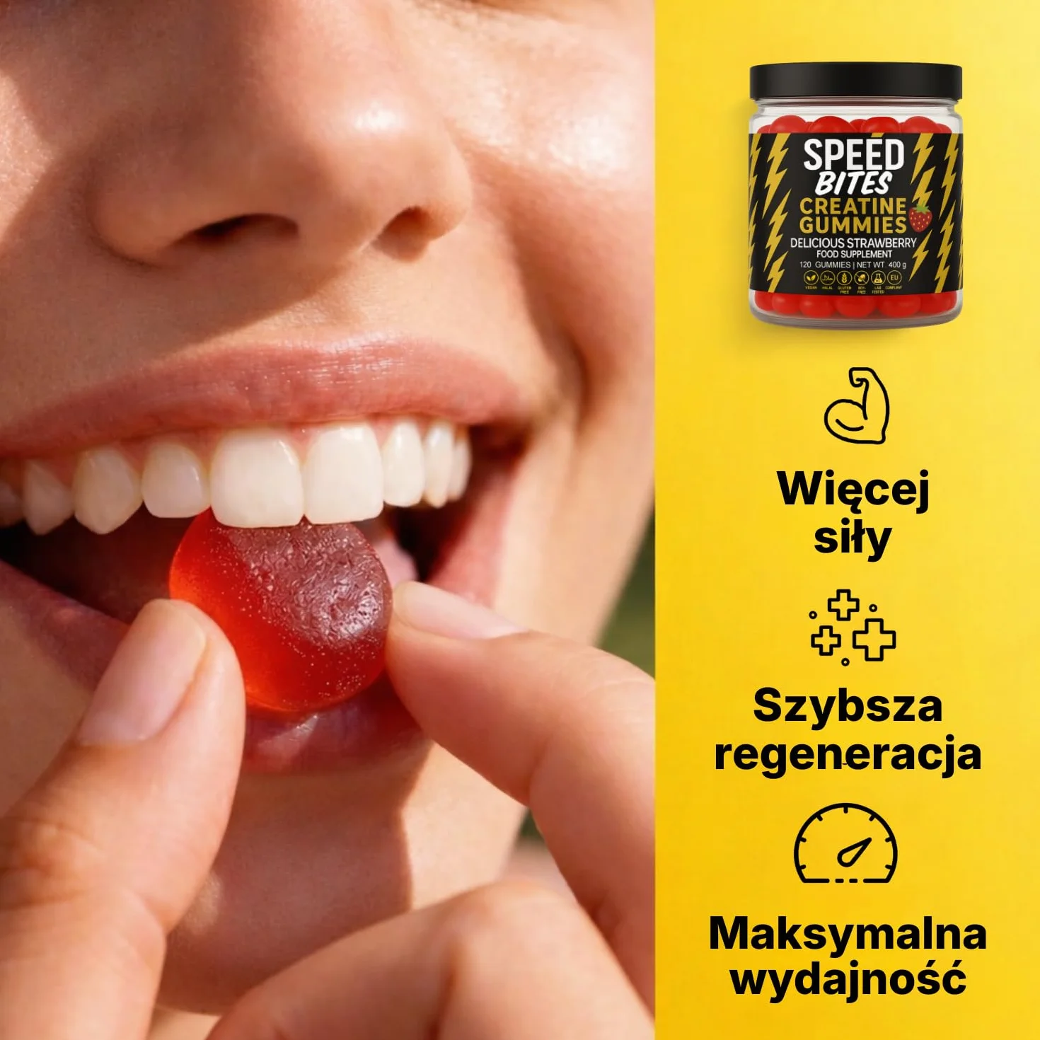 Kreatyna HCl Żelki 1600 mg 120 Żelków Wegańskie Bez Cukru Wysoka Przyswajalność Siła Energia Regeneracja