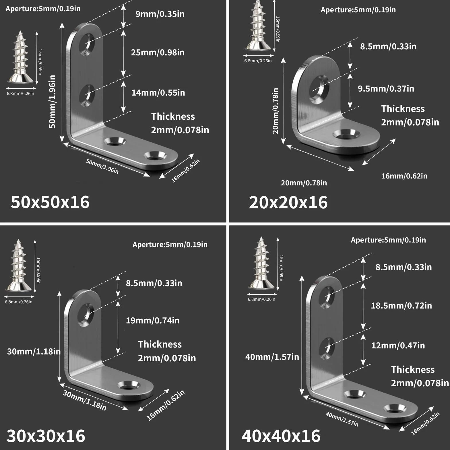 HAISHANG 10 sztuk Łączników Kątowych 30x30x16mm ze Stali Nierdzewnej, Metalowe Kątowniki 90 Stopni ze Śrubami, Małe Kątowniki Metalowe w Kształcie Litery L do Mebli Drewnianych, Stołów, Krzeseł