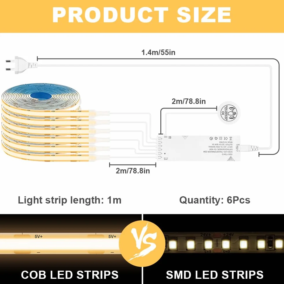 HOTUT Zestaw 6 taśm LED COB 1m (12V) z Pilotem - Ciepła Biała, Ściemnialne Paski Samoprzylepne do Oświetlenia Wnętrz Szaf i Gablot