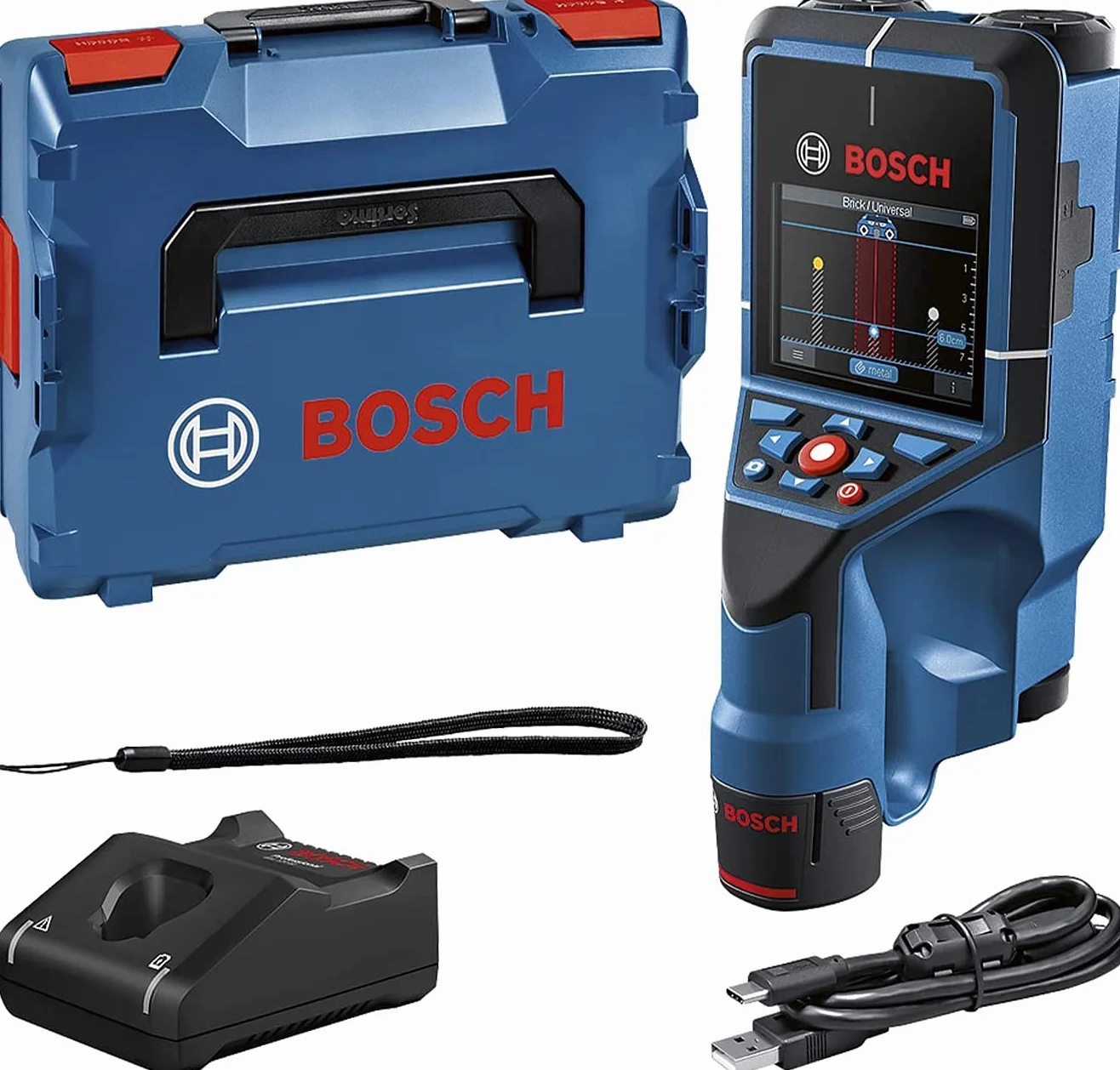 Bosch Professional system 12V: detektor D-tect 200 C (1 akumulator GBA 12V 2.0Ah, detekcja przewodów pod napięciem i nie pod napięciem, walizka L-BOXX)