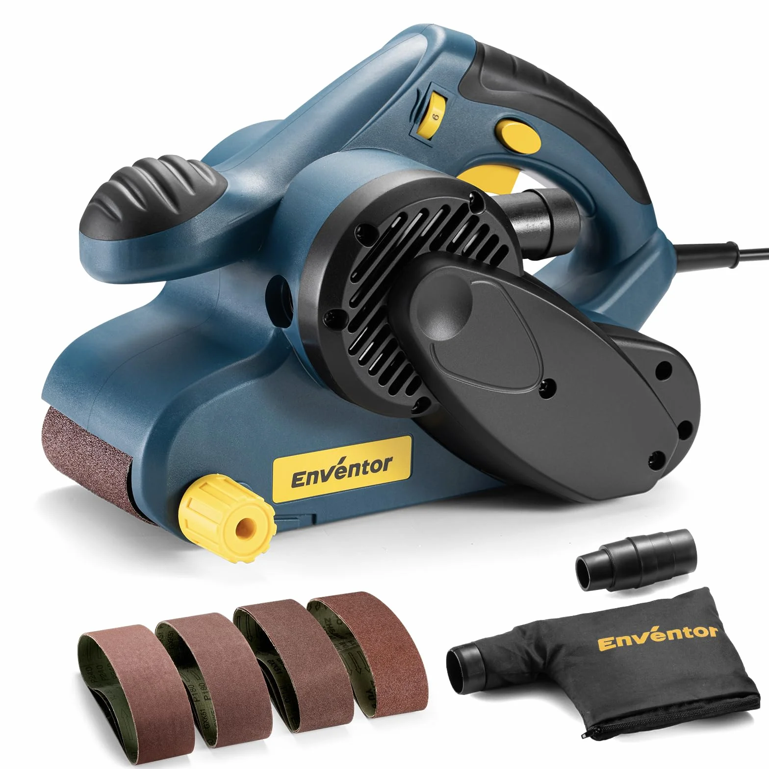 Enventor 950W with Belt Sander, 6 Speed Grades (120-380 Meters per Minute), 2-in-1 Grinding Machine with Dust Bag ＆ 12 Belt Sanders (P24, P80, P120, P180), 76 x 533 mm