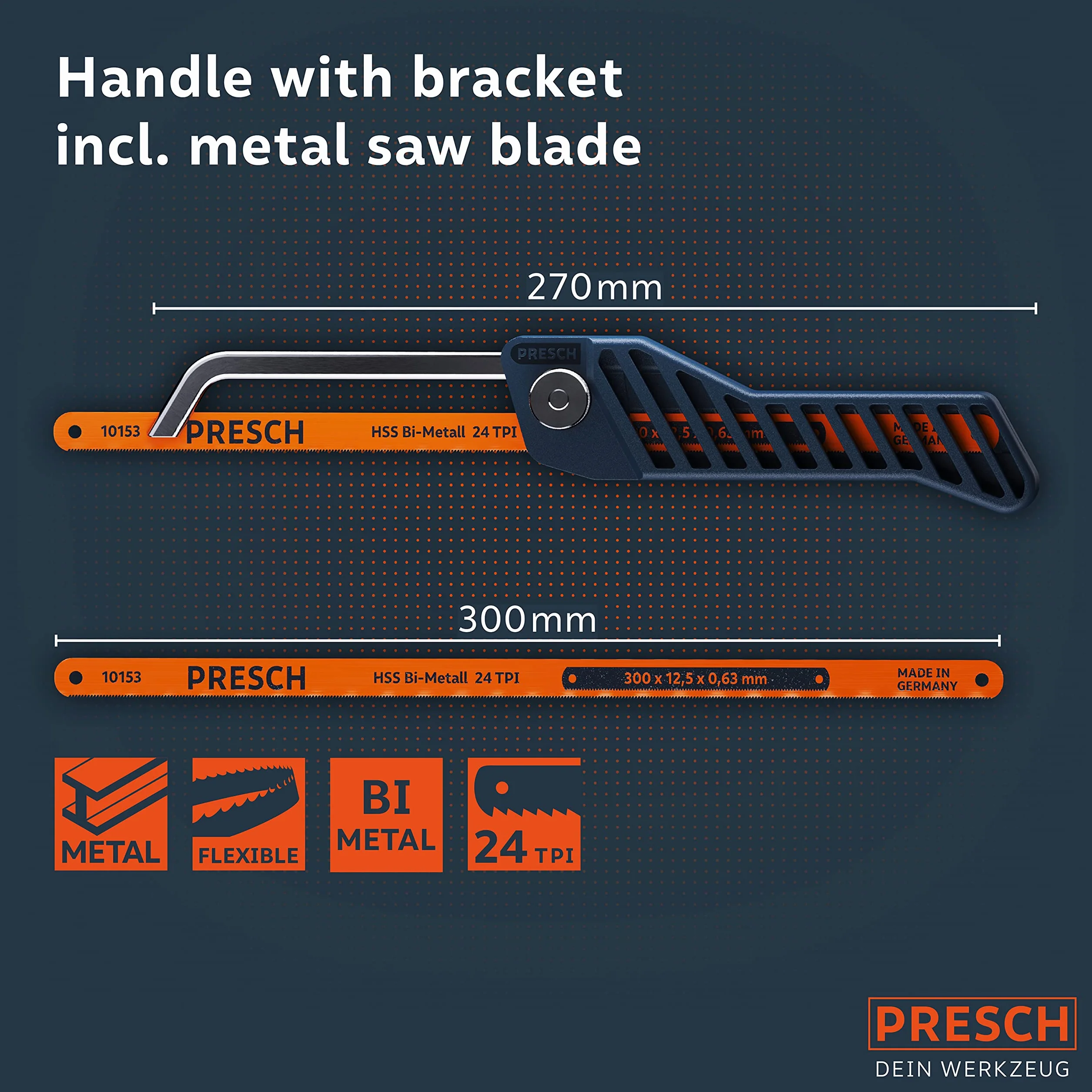 Presch Junior Piła do metalu 300mm – Piła 3w1 z brzeszczotem bimetalowym HSS 300mm – Regulowane narzędzie ręczne z brzeszczotem – Mała przecinarka do metalu, plastiku itp