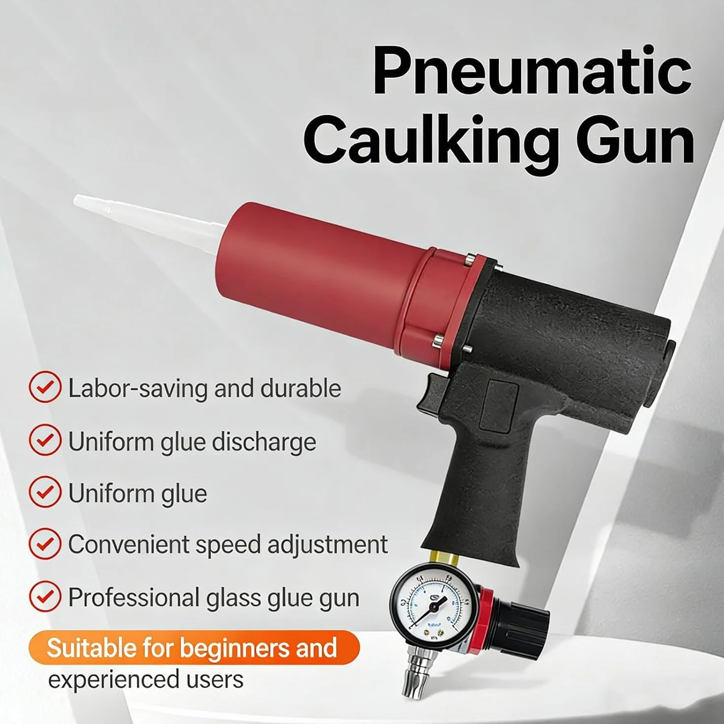 Pneumatyczny pistolet uszczelniający 300 ml, z manometrem, równomierne rozprowadzanie, brak pęknięć produktu, regulowana prędkość, do klejenia szkła, silikonu, naprawy karoserii i stałej