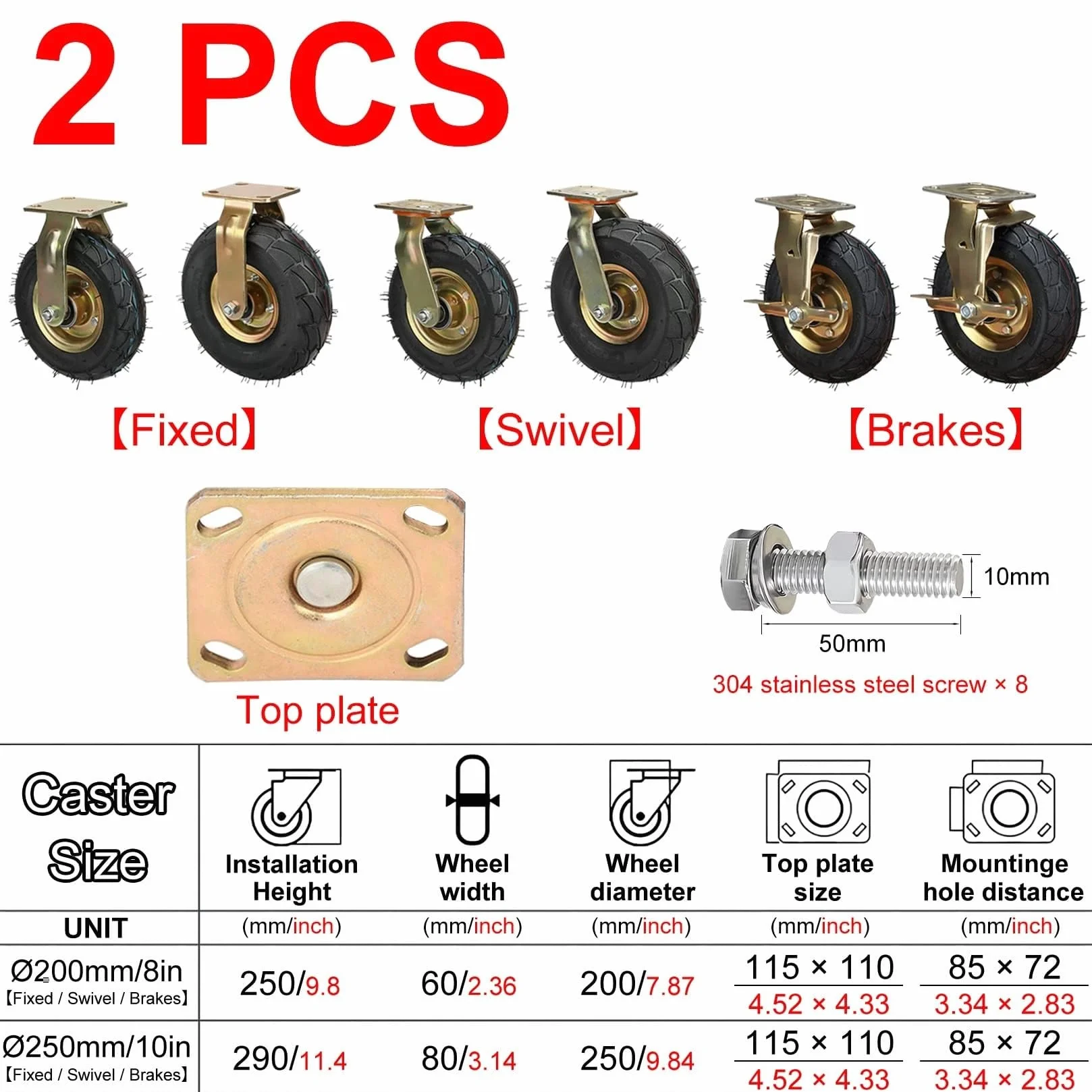 Zestaw kółek do dużych obciążeń 2 stałych hamulców obrotowych 8/10 cali Pneumatyczne gumowe kółko Udźwig 250 funtów(Swivel,Ø200mm/8in)