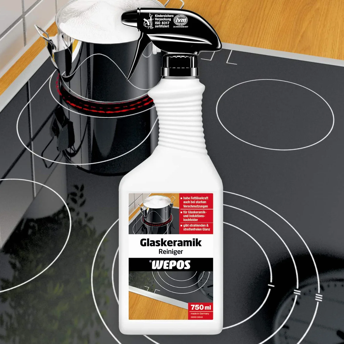 Wepos Środek czyszczący do szkła ceramicznego 750 ml | wysoka moc rozpuszczania tłuszczu | nadaje się również do płyt indukcyjnych | połysk bez smug