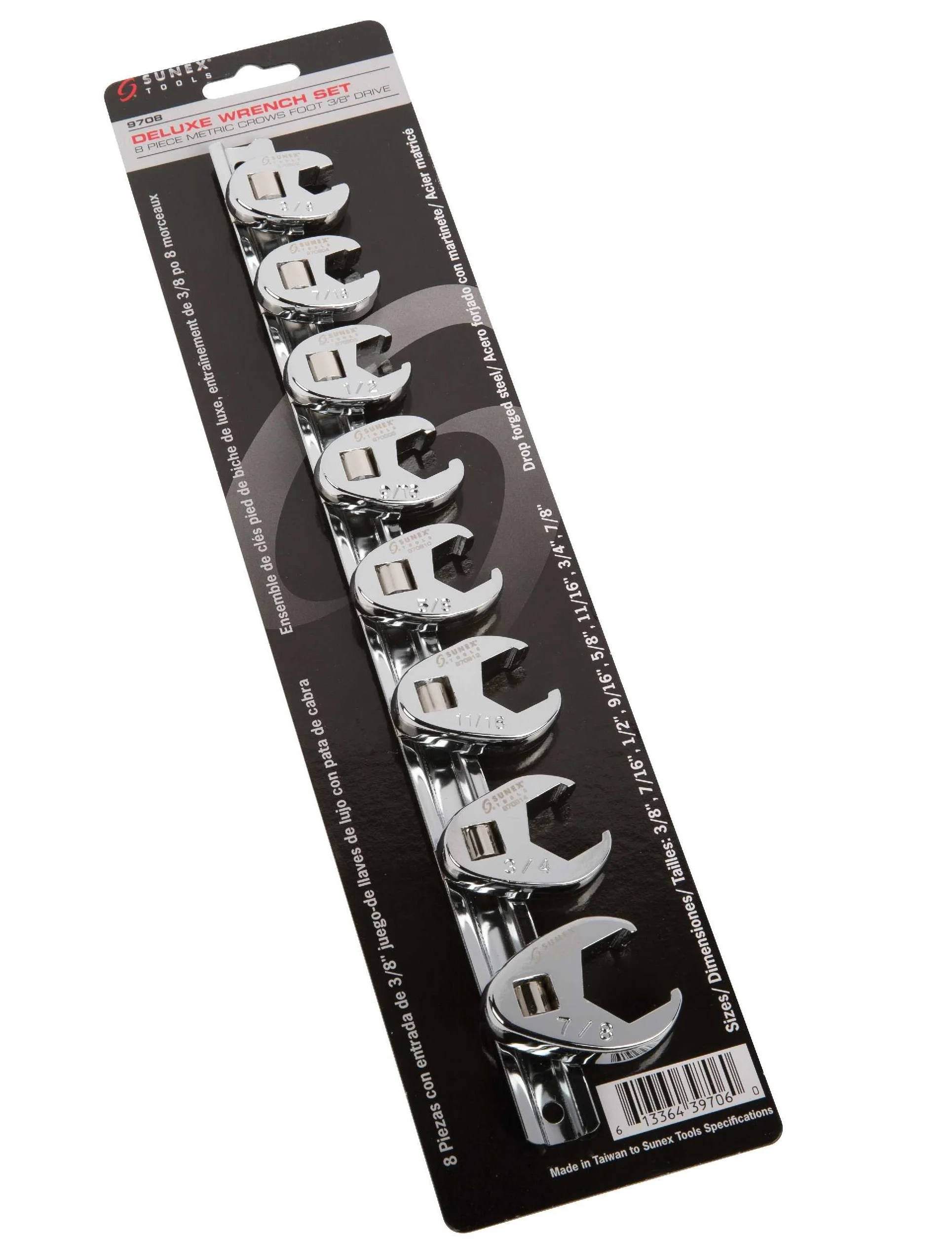 Sunex Tools 9708 3/8-calowy dysk frakcyjny Crowfoot Flare Zestaw kluczy nasadowych, 3/8-calowy - 7/8-calowy, w pełni polerowany, 8-częściowy