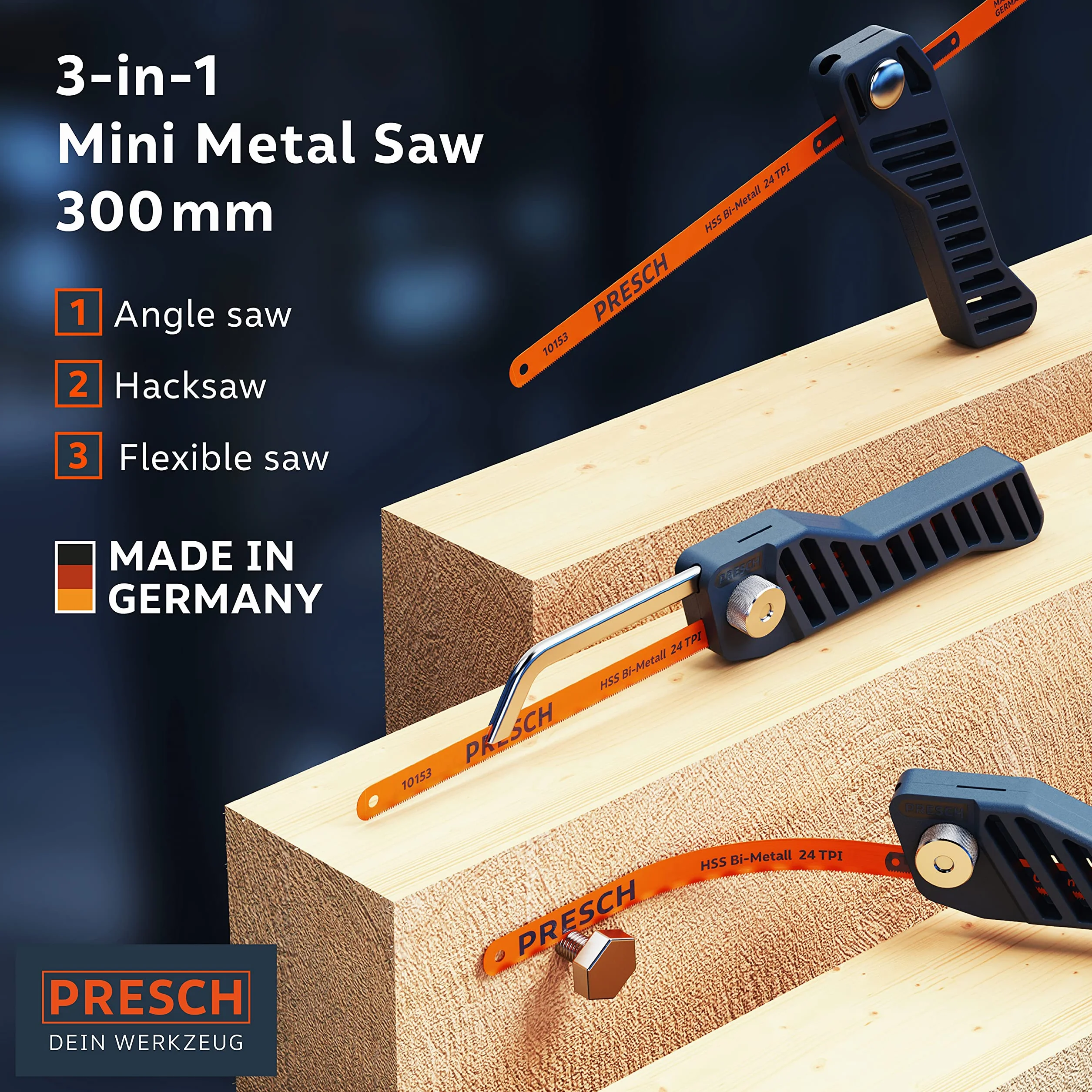 Presch Junior Piła do metalu 300mm – Piła 3w1 z brzeszczotem bimetalowym HSS 300mm – Regulowane narzędzie ręczne z brzeszczotem – Mała przecinarka do metalu, plastiku itp