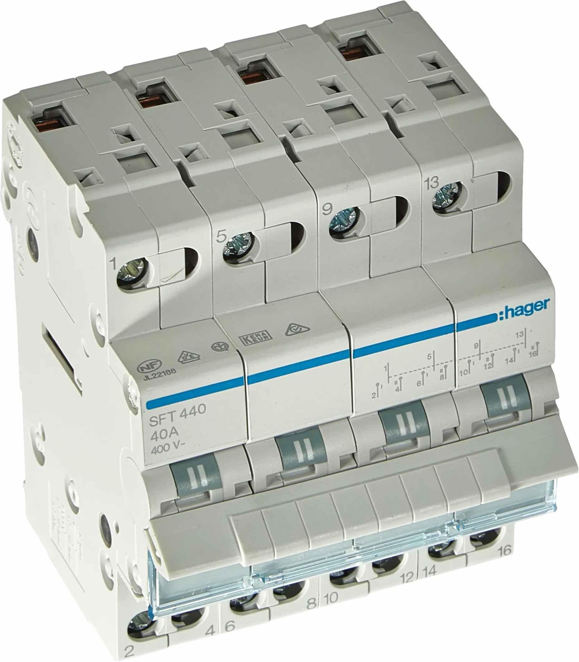 HAGER SFT440 - Commutatore 1-0-2 tetrapolarne 40 A 4 moduły con comune in alt