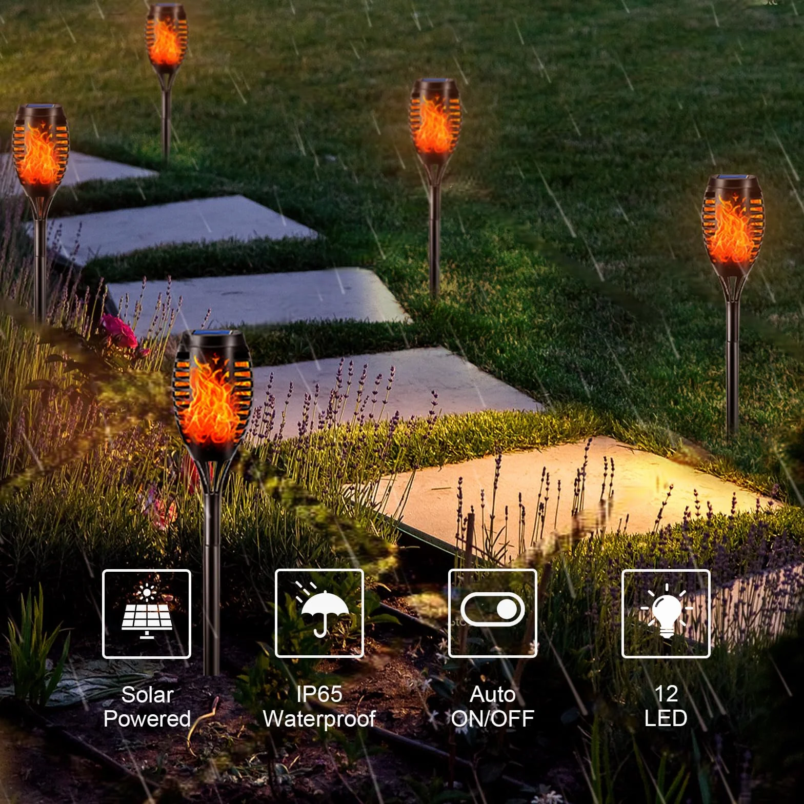 LQWELL Latarki solarne do ogrodu zewnętrznego, 8 sztuki, 12 diod LED, realistyczna lampa ścieżkowa z płomieniem, wodoodporność IP65, do trawnika, patio, dziedzińca (8 sztuki)