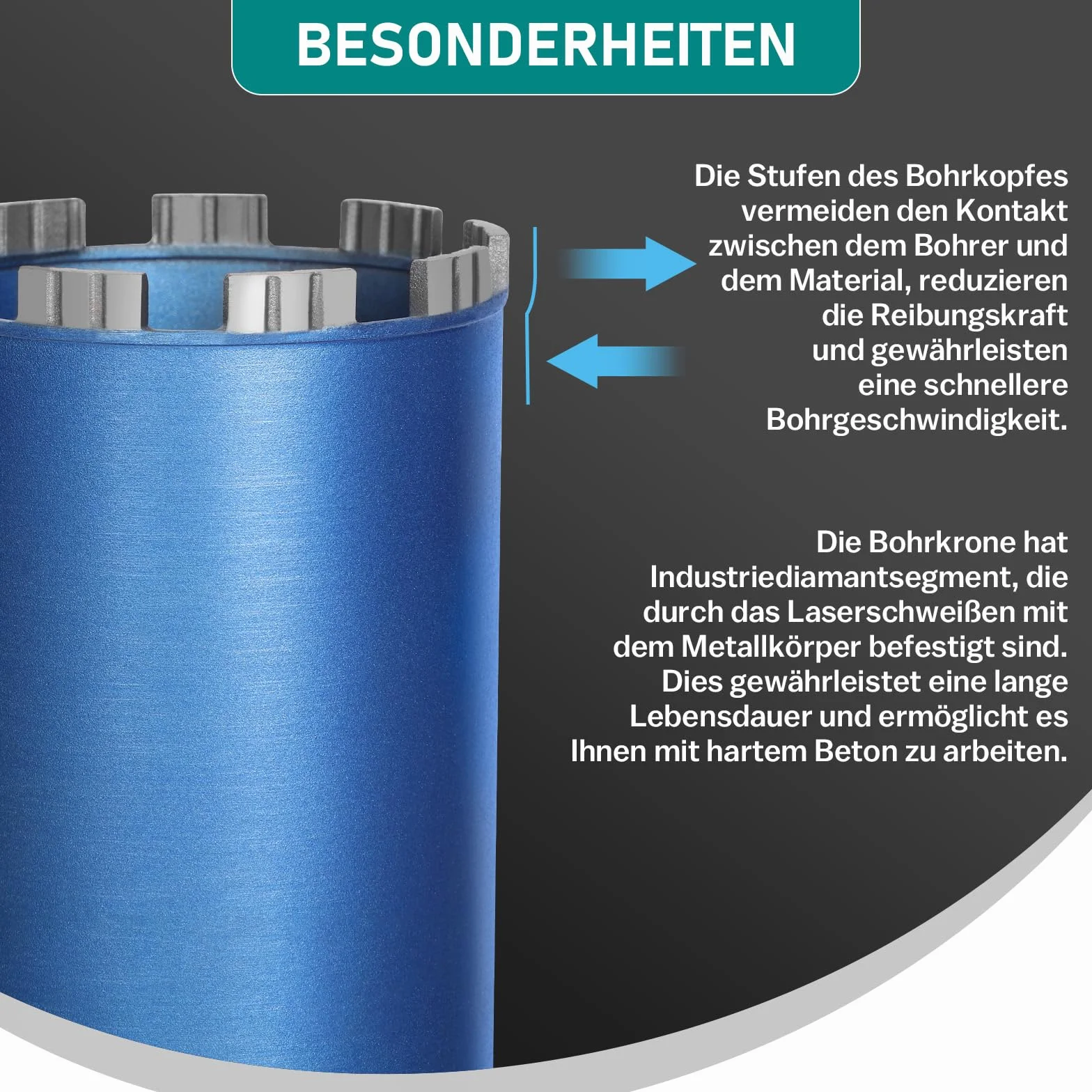 Diamentowa koronka wiertnicza wiertło rdzeniowe do wiertarki rdzeniowej z turbo, w zestawie SDS-Plus, 1 1/4", Ø 200 mm, długość całkowita 460 mm, wiertło do puszek na mokro i na sucho koronka