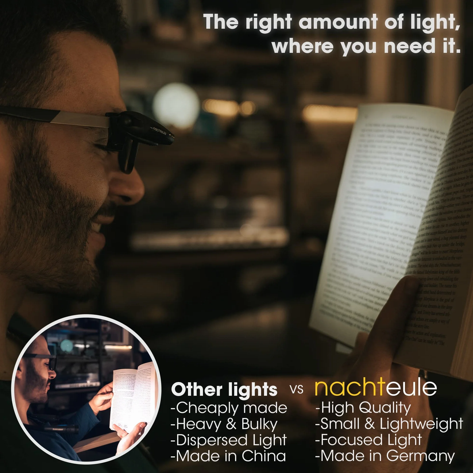 Nachteule Lampka do czytania na okulary, słuchawki lub opaskę na głowę (w zestawie). Lampka LED do książek, nagradzana konstrukcja Clip-on Made in Germany. W zestawie bezpłatne etui ochronne