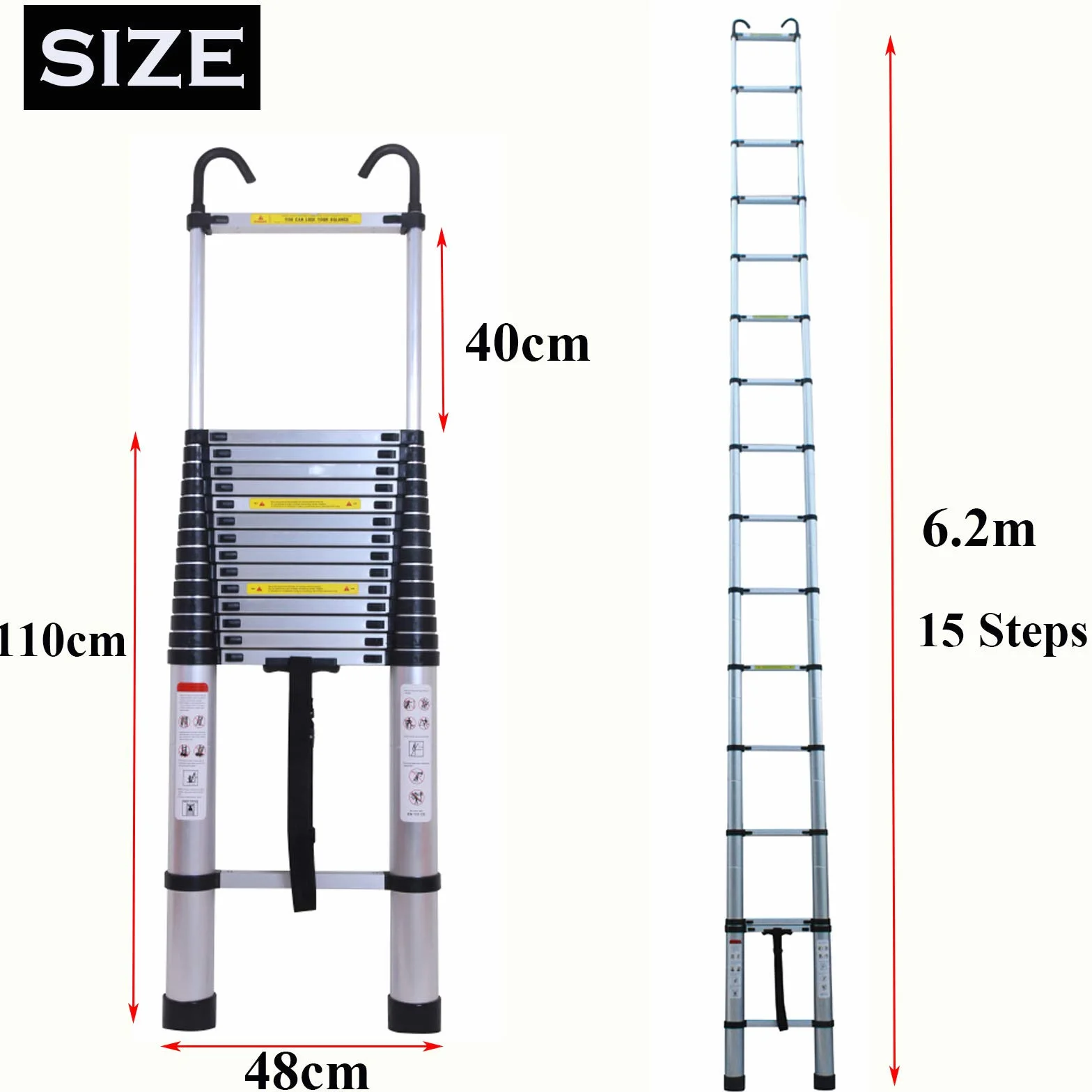 Drabina teleskopowa 6,2 m z odłączanym hakiem bezpieczeństwa, aluminiowa drabina teleskopowa, wysoka, wielofunkcyjna drabina loftowa, pojemność 150 kg, bezpieczna i kompaktowa
