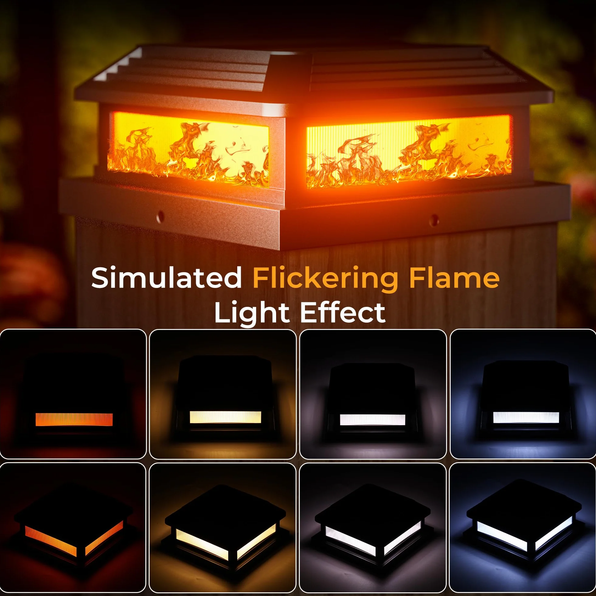 Quntis Zestaw 4 lamp solarnych na słupki ogrodzeniowe, lampy ogrodowe typu Flame z 5 trybami świecenia, lampy solarne na słupki o wymiarach – taras, patio, do ogrodu, podwórko, werandę i ścieżki