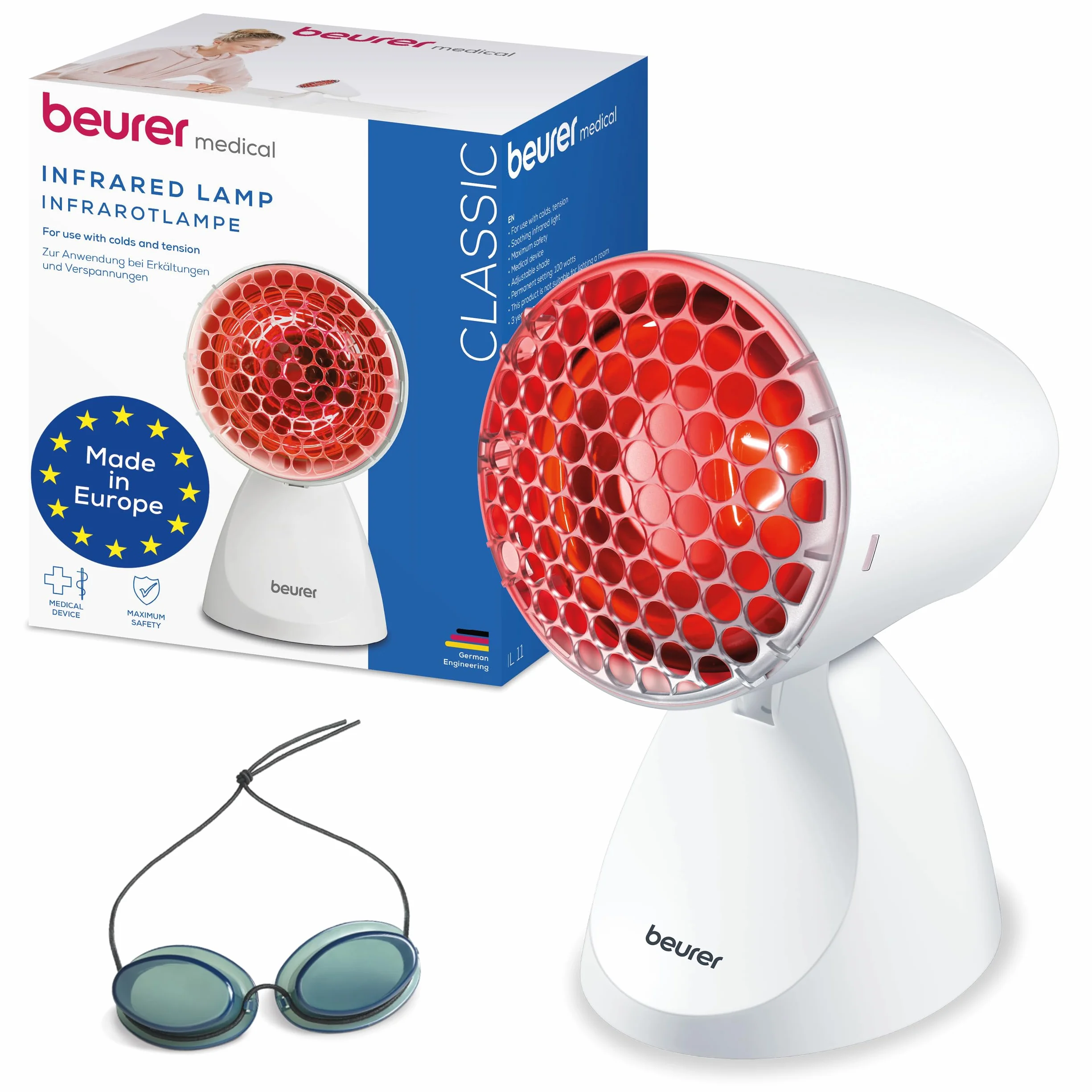 Beurer IL 11 Lampa na podczerwień z kratką ochronną, urządzenie medyczne, 5 poziomów nachylenia, okulary ochronne, biały