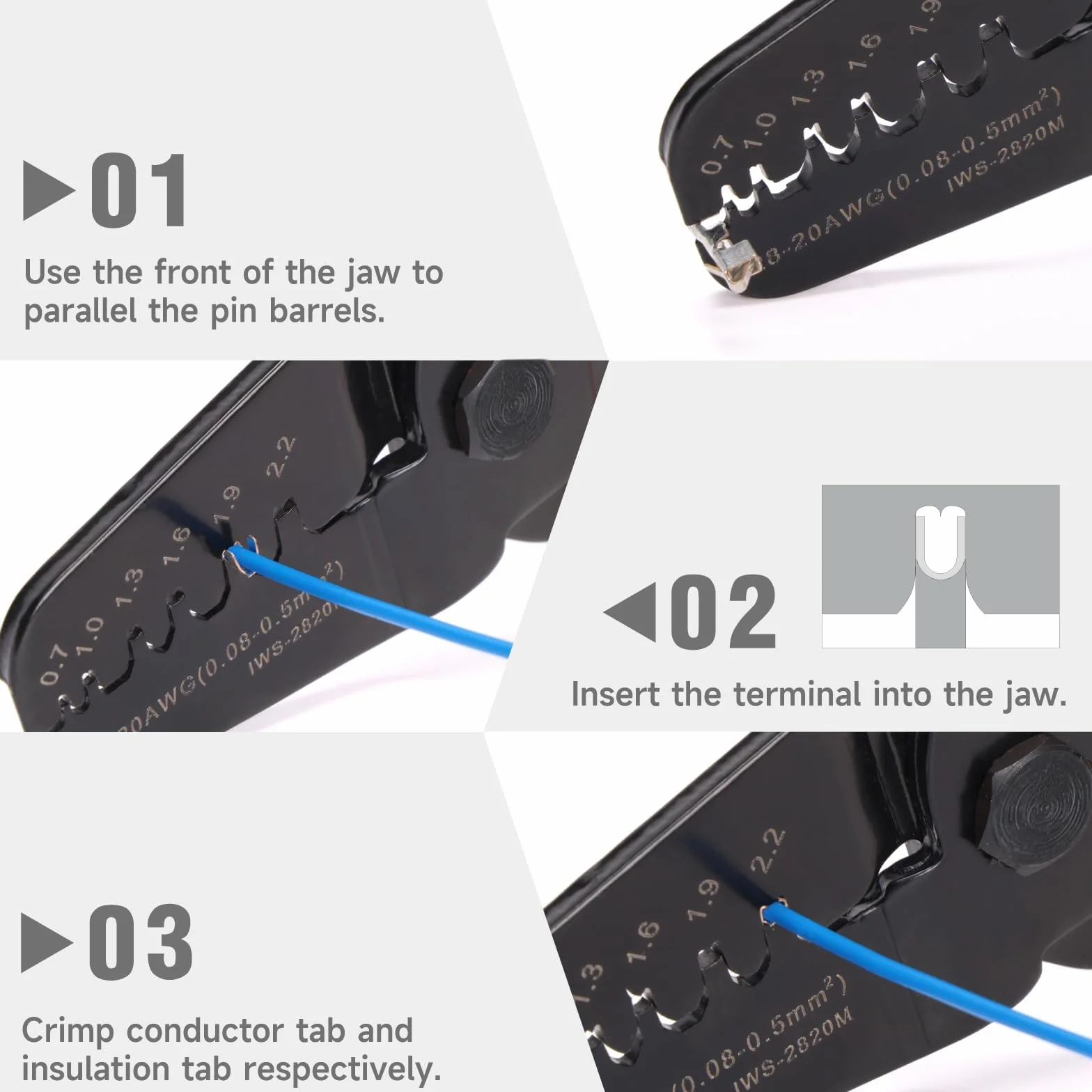 iCrimp Mini szczypce zaciskowe z otwartym cylindrem, współpracują z 0,08 – 0,5 mm², Molex, Tyco, zaciski JST i przyłącza