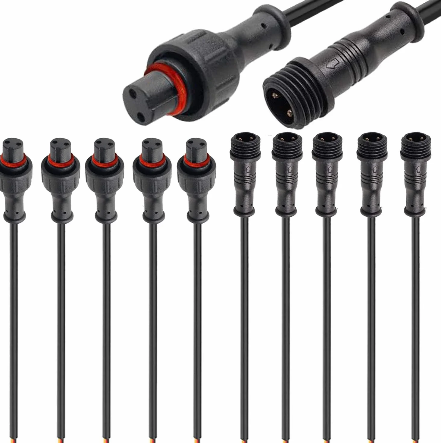 RUNCCI-YUN 5 par 2 pin wodoodporne złącza przedłużacz wtyczka męska i żeńska 2 piny IP67 wodoodporne złącze elektryczne przedłużacz 22AWG 20 cm ara taśmy LED