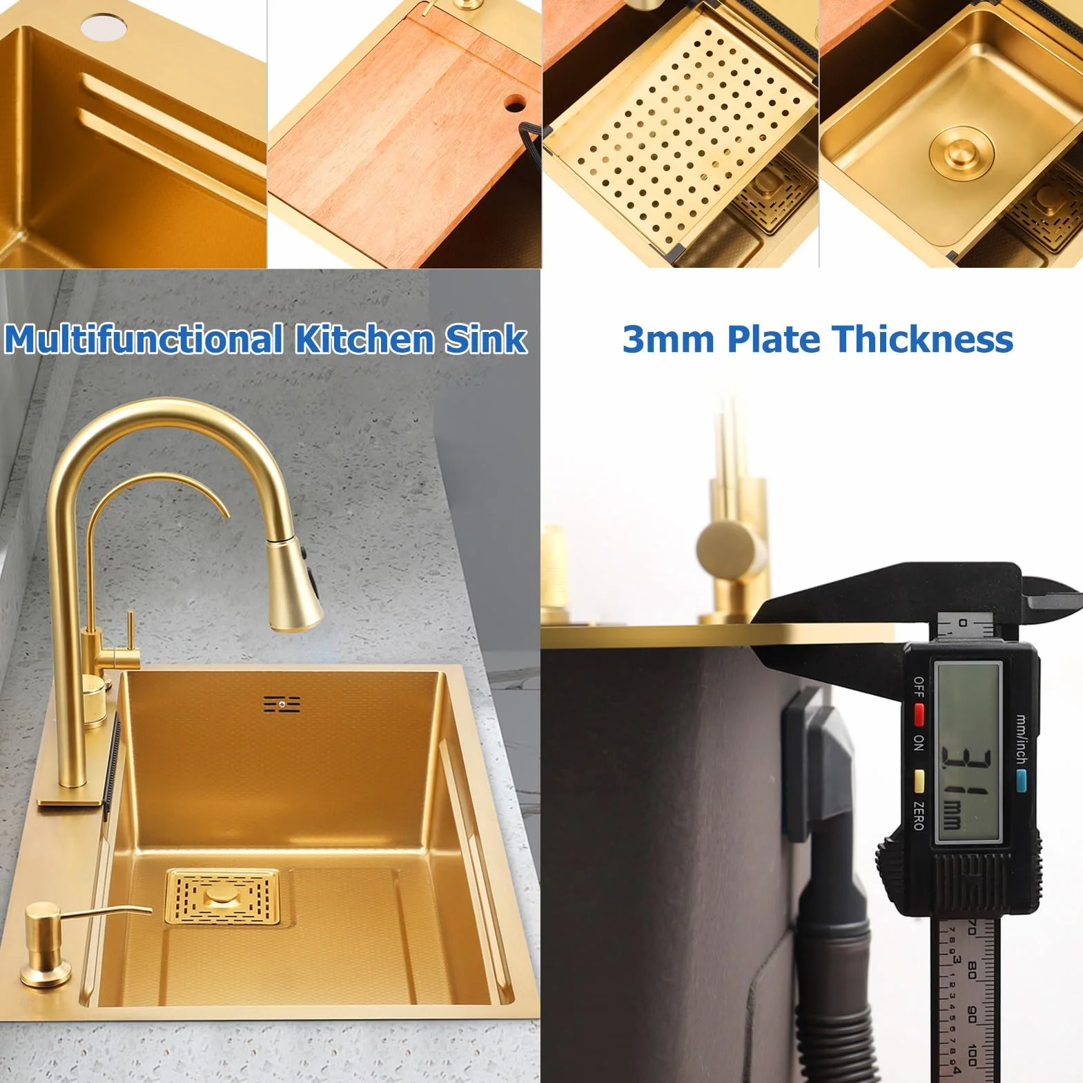Stainless Steel Waterfall Kitchen Sink Combo With Pull-Out Faucet Nano-Coated Topmount Single Bowl Workstation Sink With Accessories, Pressure Pot Washer, Cutting Board, Draining Basket(Gold,68x45cm)