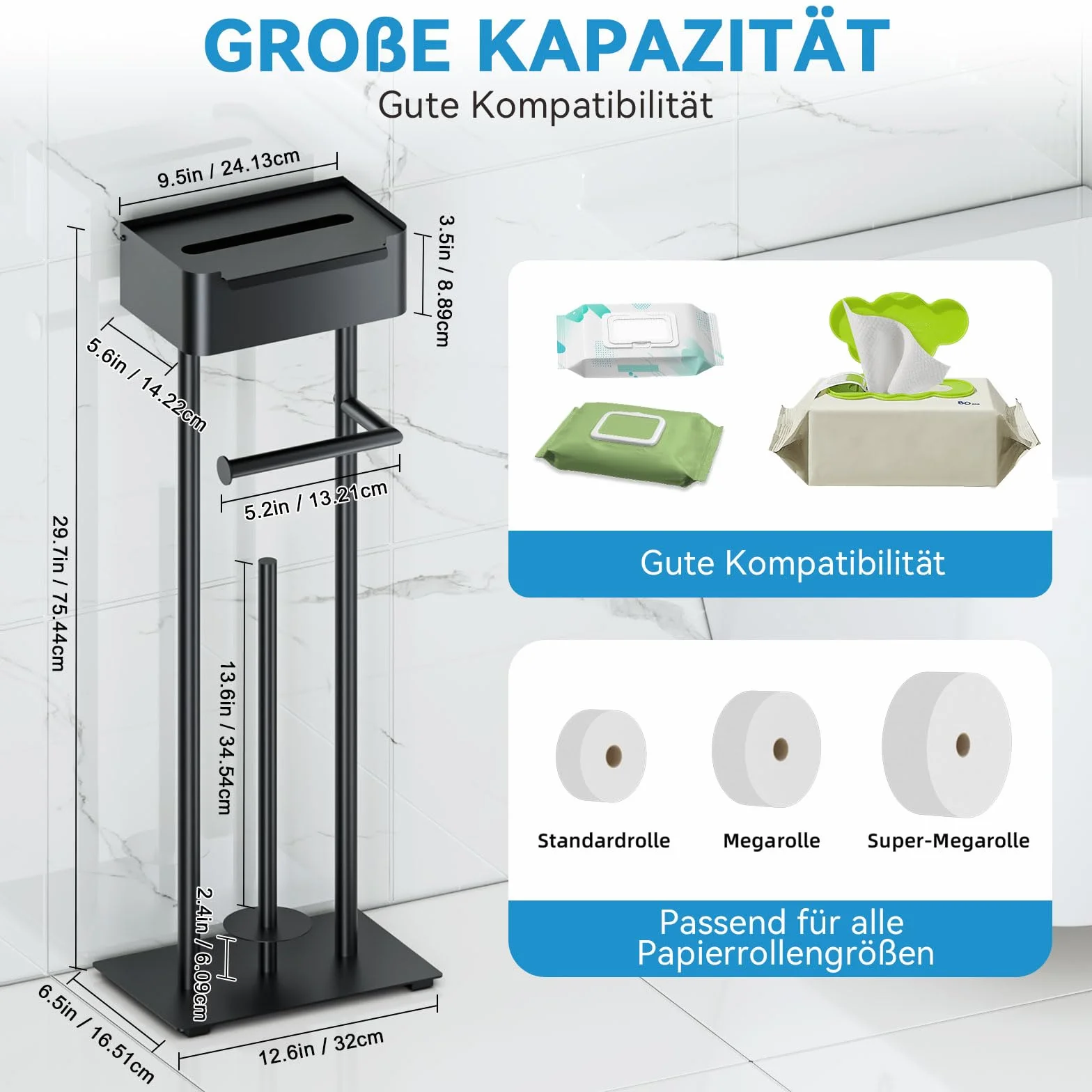 Stojak na papier toaletowy z pudełkiem na chusteczki na 4 rolki czarny