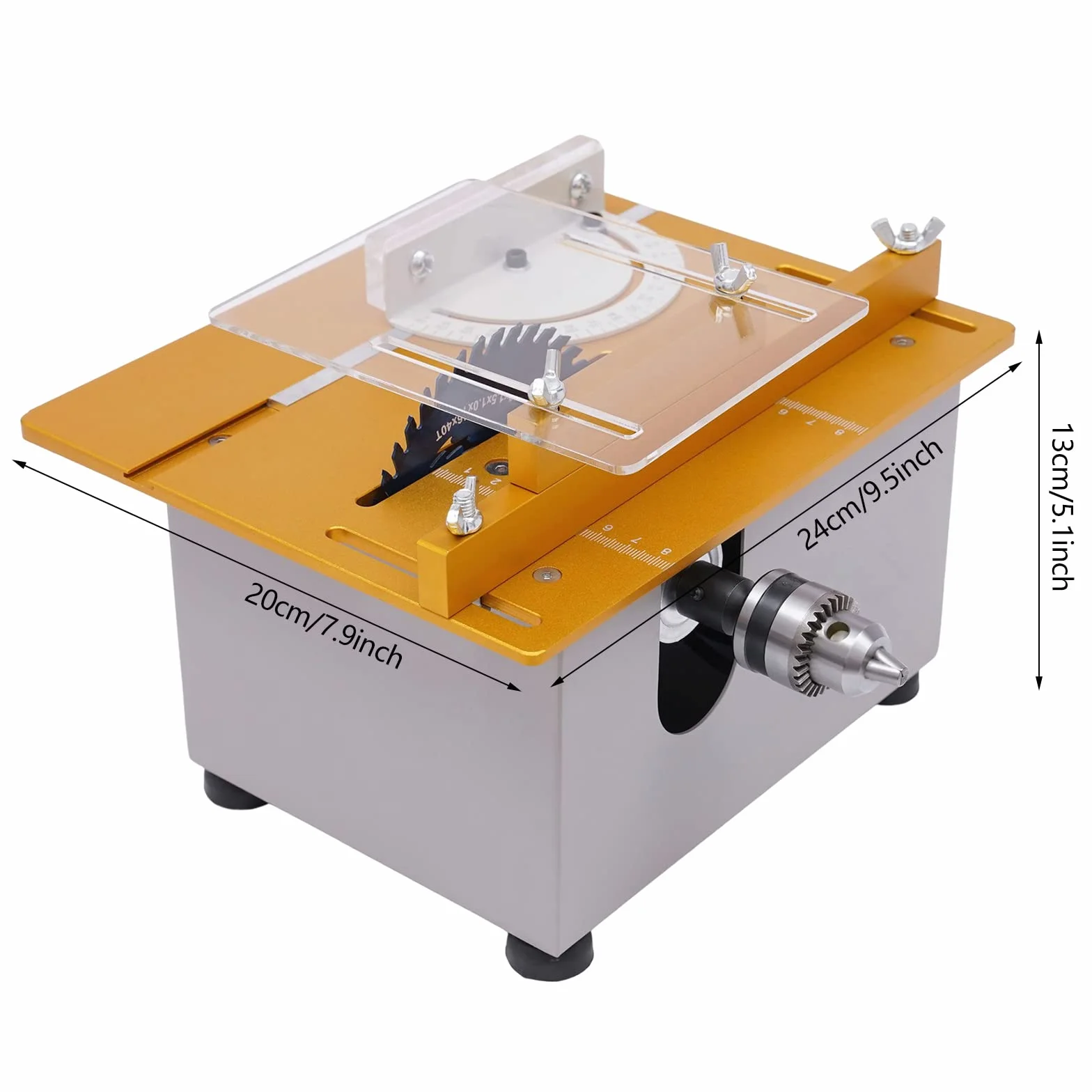 Stołowa piła tarczowa, 300 W, mini piła stołowa z 4 brzeszczotami, regulowany kąt, grubość cięcia 0-29 mm, 9000 obr./min, elektryczna stołowa piła tarczowa do cięcia, szlifowania