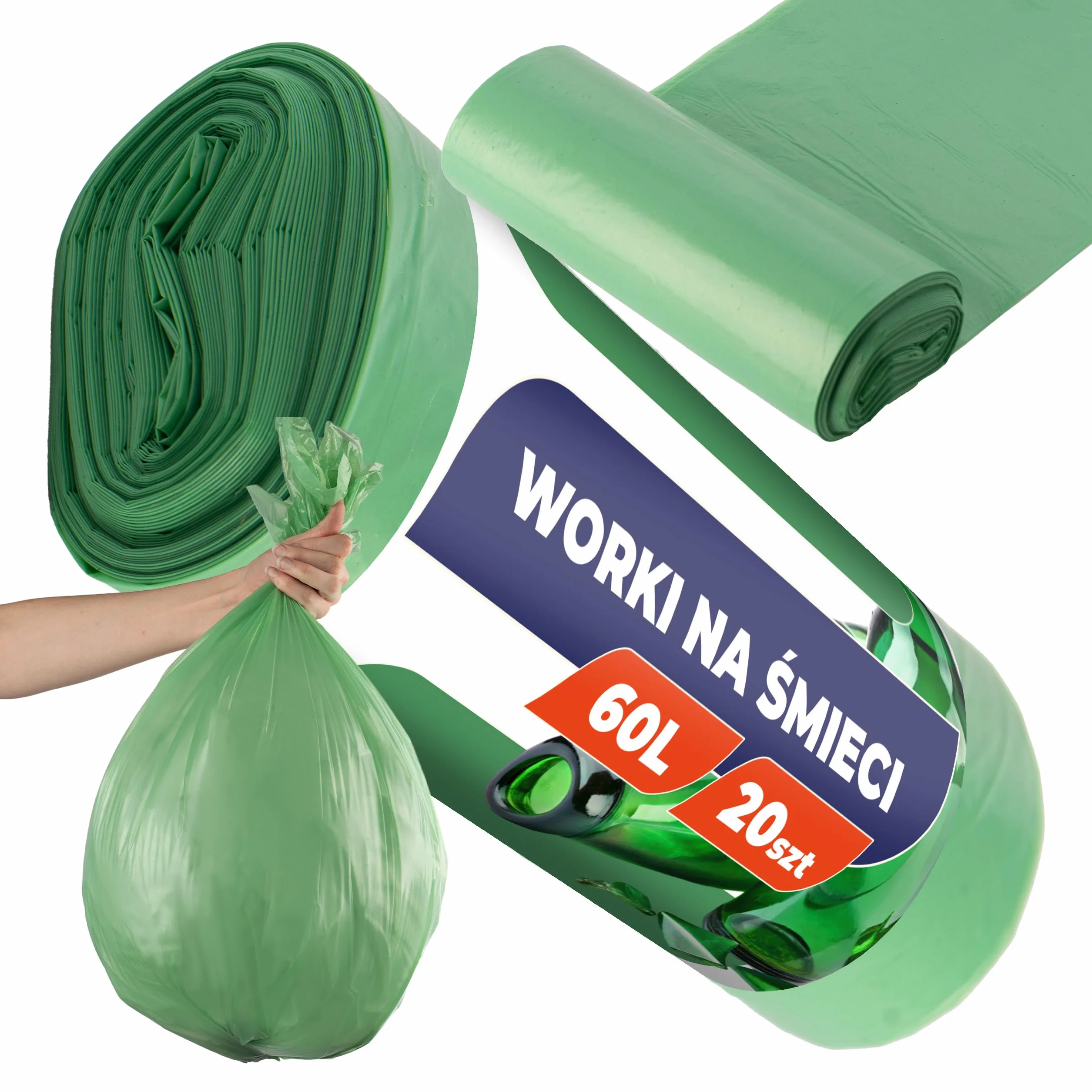 Worki do Segregacji Śmieci Zielone MOCNE 60L Rolka 20 szt Wytrzymałe Worki na Odpady Segregacyjne Materiał LDPE Worki w Rulonie do Pracy, Domu, Garażu Torby na Odpady