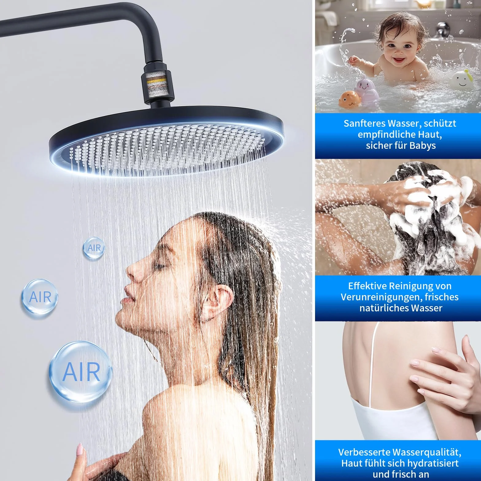 HOMELODY System prysznicowy z termostatem, czarna, kompletny zestaw z filtrem, 25 cm, deszczownica i słuchawka prysznicowa, 3 rodzaje strumienia, słuchawka prysznicowa, zestaw prysznicowy do łazienki