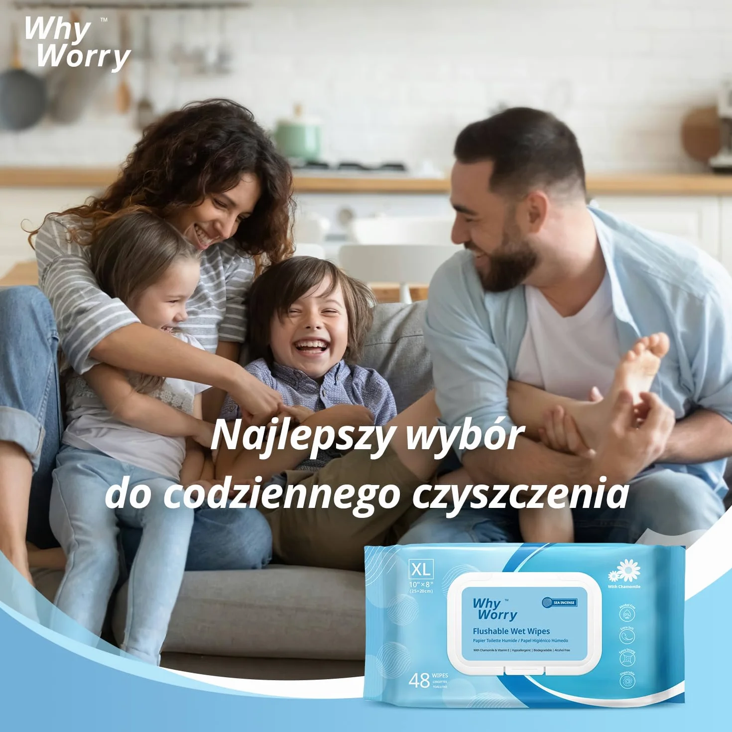 WhyWorry Wilgotny Papier Toaletowy Spłukiwalny, 20x25cm Bardzo Duże Nawilżany Papier Toaletowy z rumiankiem, Chusteczki Nawilżanej Dorosłych, Biodegradowalny, Bez Plastiku, Morze, 144 Sztuk