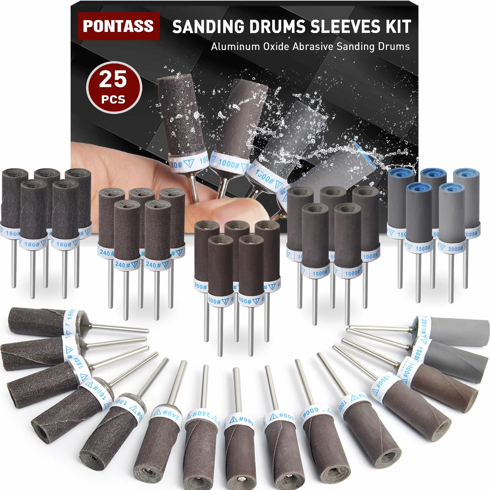 25 Sztuk Tulejek Szlifierskich do Dremel Narzędzi Obrotowych,Bębny Szlifierskie Trzonem O Średnicy 3mm, Ziarnistość 180/240/600/1000/1500/2000 do Szlifowania i Polerowania, Usuwanie Rdzy z Metalu