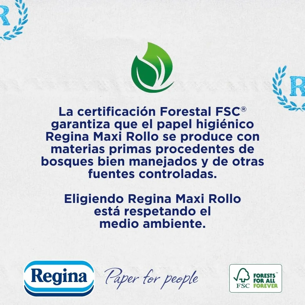 Regina Maxi Rolka – 4 rolki papieru toaletowego, 500 arkuszy 2 warstw na rolkę, więcej niż standardowa rolka, 60% plastikowy pojemnik z recyklingu w 100% z certyfikatem FSC®