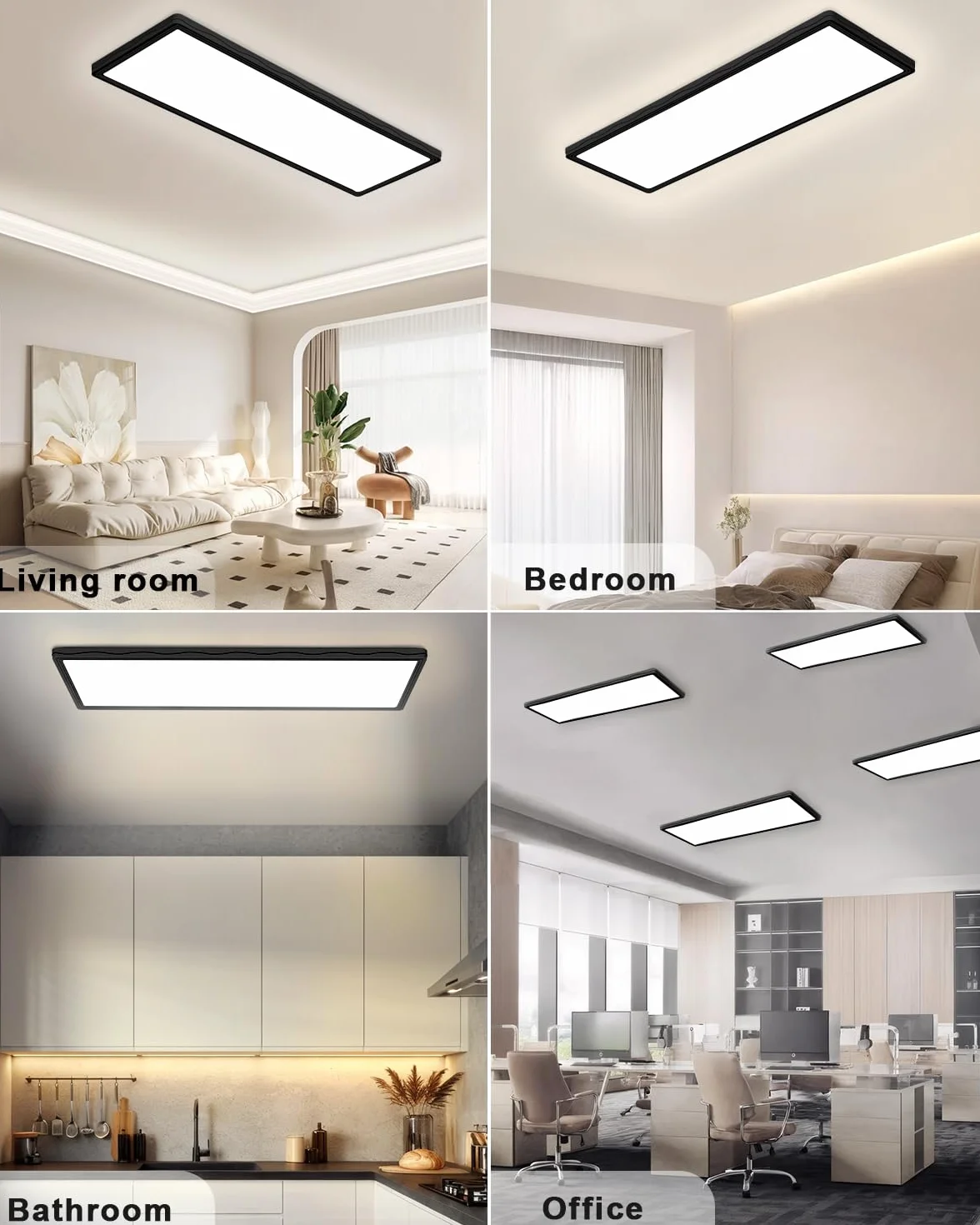Bowfar Lampa sufitowa LED, prostokątna lampa sufitowa z pilotem, ściemnialna w zakresie 3000–6500K, ultracienki panel LED 24W z podświetleniem do sypialni, biura, łazienki, 58 * 20 * 2,5 cm – czarny