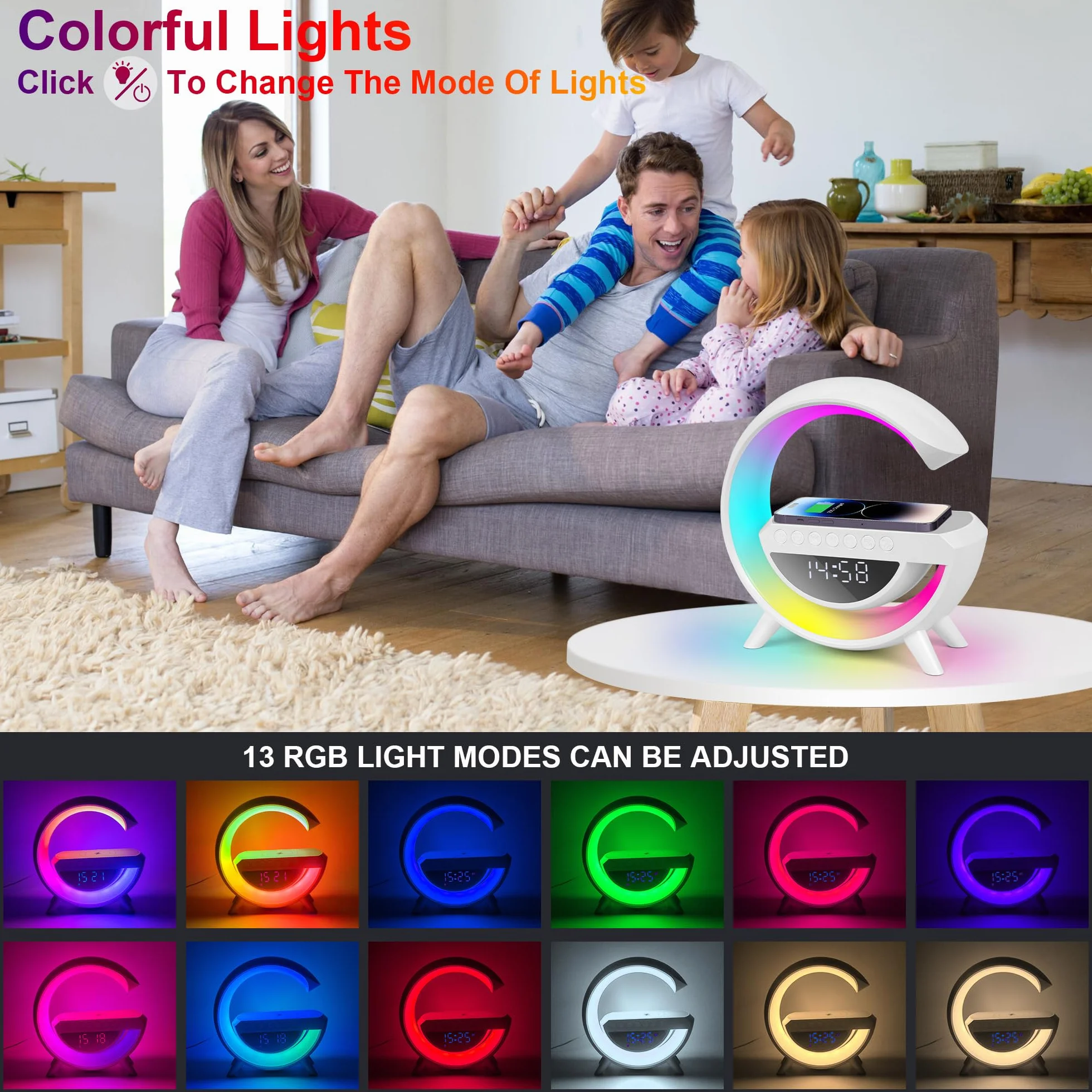 Bezprzewodowa lampa ładująca, wielofunkcyjna lampka nocna RGB, bezprzewodowa stacja ładująca, głośnik Bluetooth, cyfrowy budzik do sypialni/kempingu / salonu