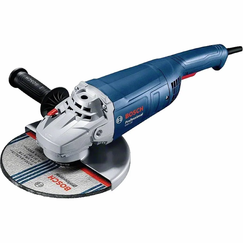 Bosch Professional Szlifierka kątowa GWS 20-230 P (2000 W, z dodatkowym uchwytem, kołnierz mocujący, nakrętka napinająca, osłona ochronna, klucz dwuotworowy, w kartonie), Niebieska