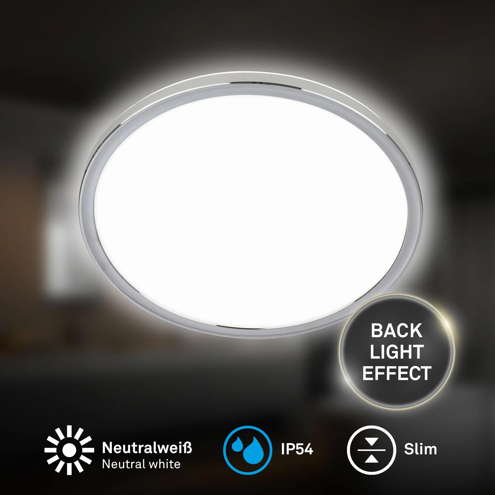 BRILONER - Lampa sufitowa LED łazienkowa ze światłem pośrednim, płaska, IP54 pyło- i bryzgoszczelna, lampa sufitowa, panel LED, lampa łazienkowa, lampa kuchenna, 29,3x2,8 cm, chrom