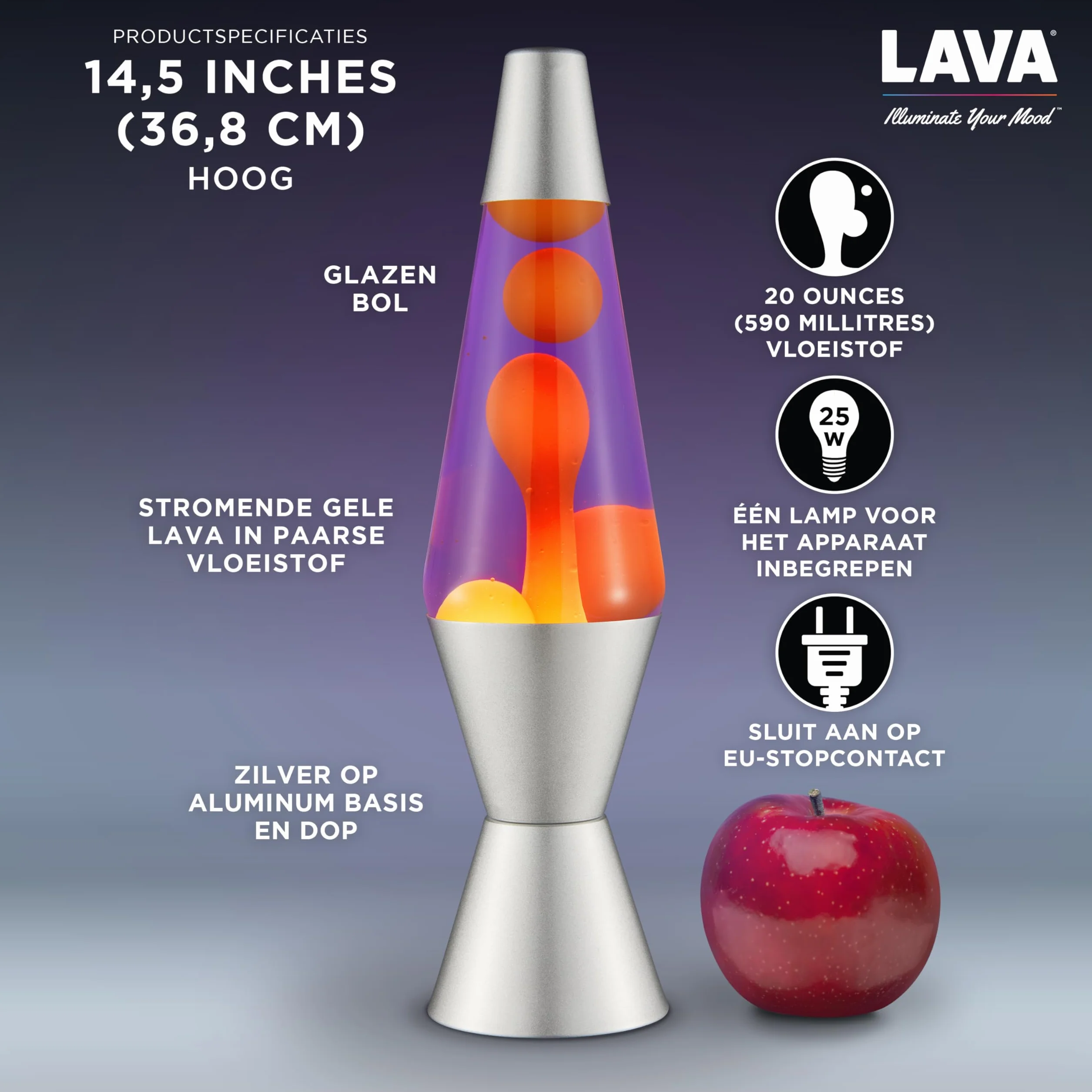 LAVA® - Lampa Lava 2125, żółty wosk, fioletowa ciecz, srebrna podstawa i czapka, oryginalna 14,5 cal lampa ruchowa marki LAVA®