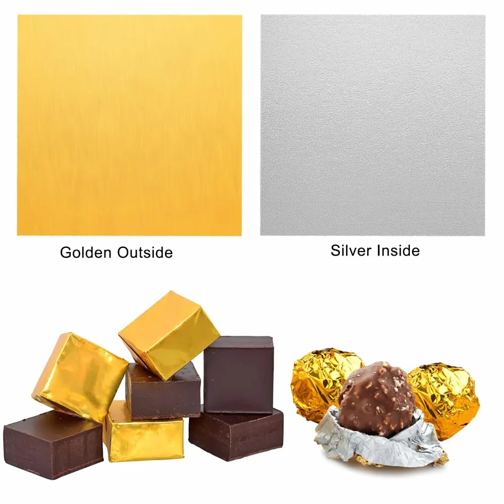 100 sztuk arkuszy czekolady do pakowania, 15 × 15 cm złoty papier pakowy czekoladowy, kwadratowy papier do pakowania czekoladek, aluminiowe opakowania na cukierki, opakowanie folii aluminiowej