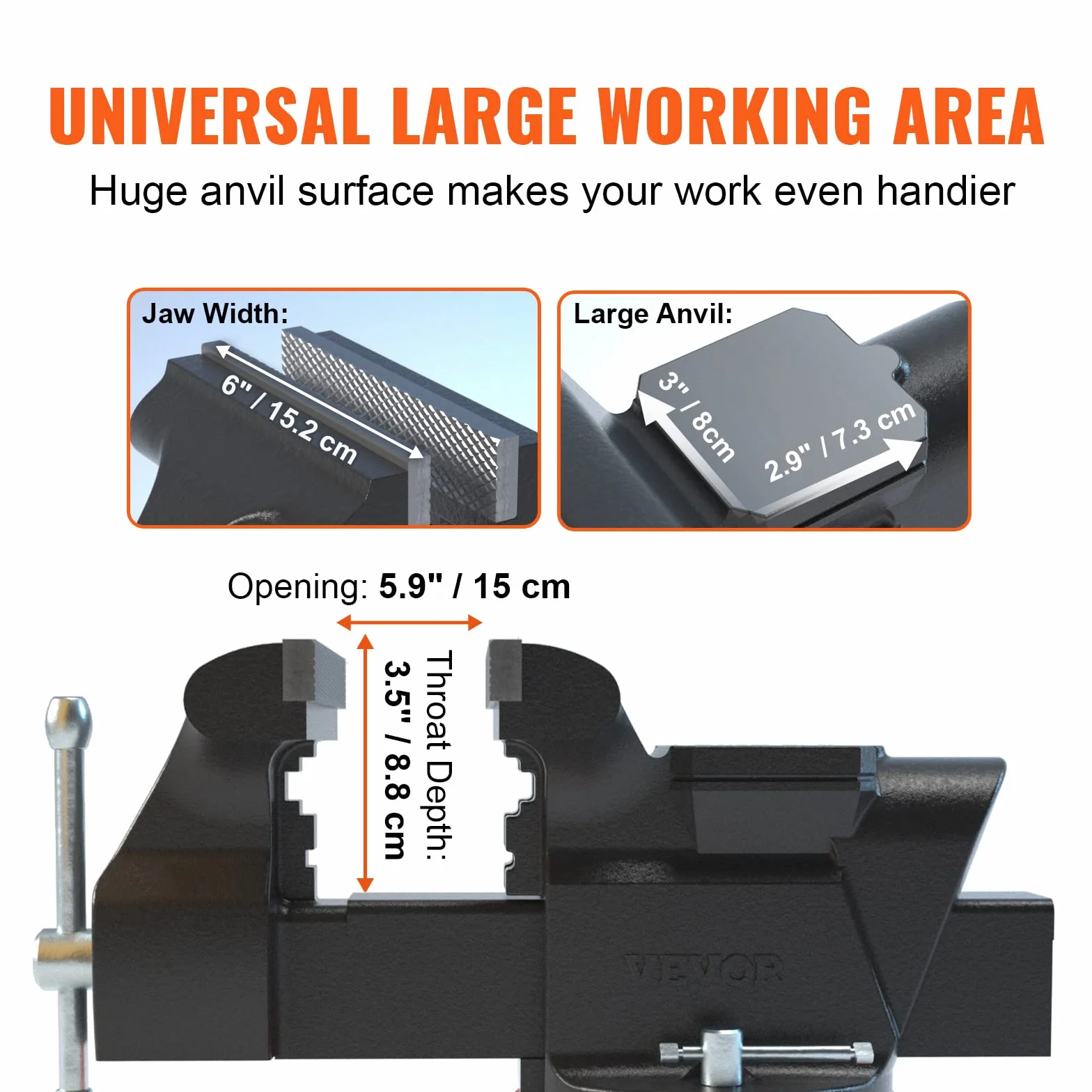 VEVOR Imadło stołowe/warsztat uniwersalny otwór szerokość szczęki 15,2 cm z kowadłem żeliwnym 7,3x8 cm Podstawa obrotowa 360° ze śrubami do cięcia rur