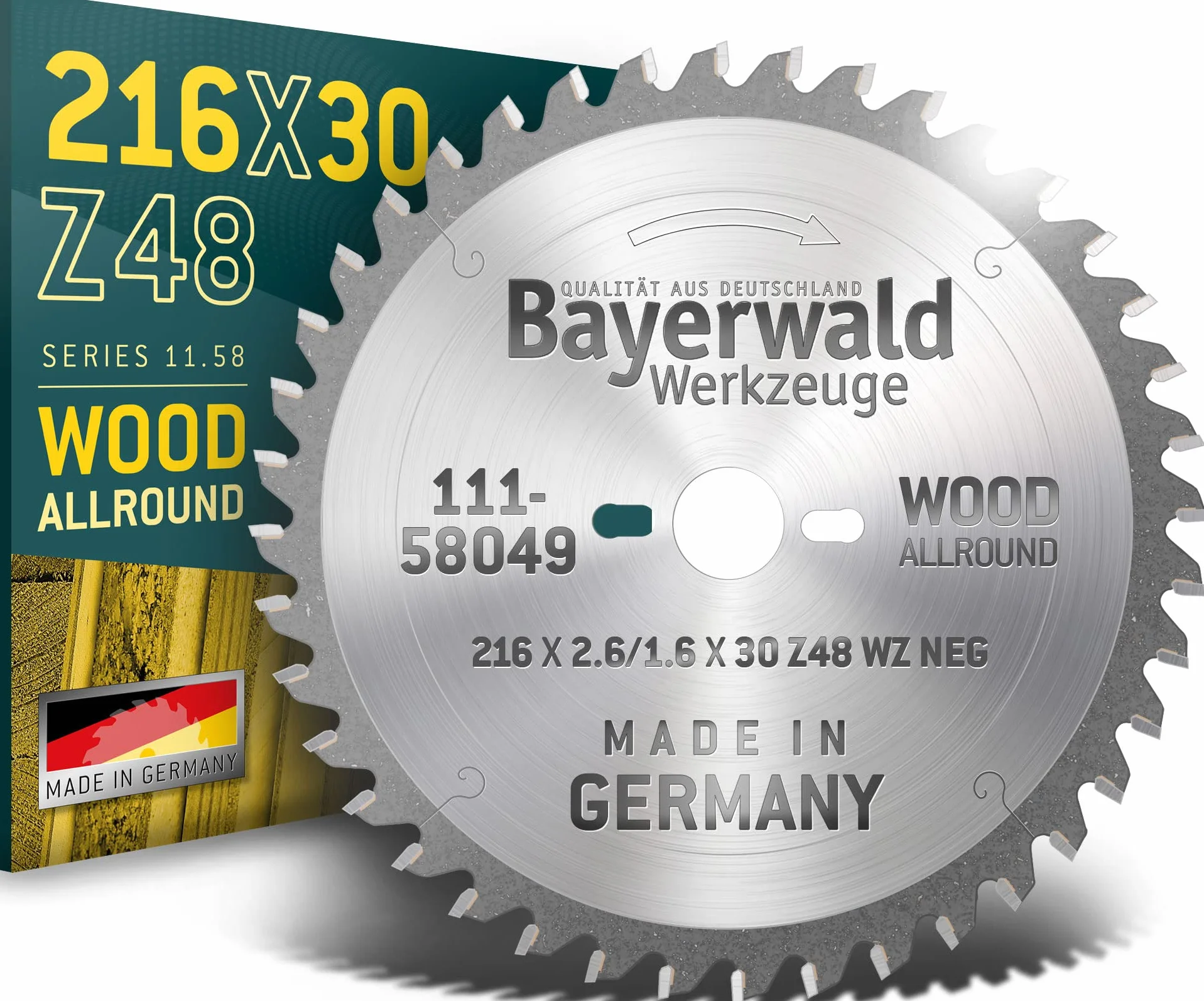 Bayerwald - HM brzeszczot do piły tarczowej do drewna - Ø 216 mm x 2,6 mm x 30 mm | WZ ujemny (48 zębów) | do piły ukośnej i ukośnej | otwory dodatkowe: 2/7/42