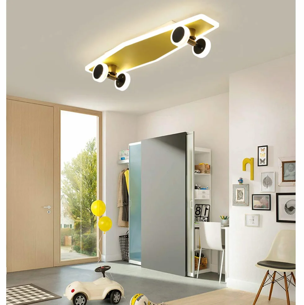 Lampa sufitowa, złota, pokój dziecięcy, deskorolka, lampa, ściemniana, dekoracja sypialni, lampa sufitowa dla chłopców, dzieci, młodzieży, lampa sufitowa, nowoczesny design do łazienki, salonu, ściany