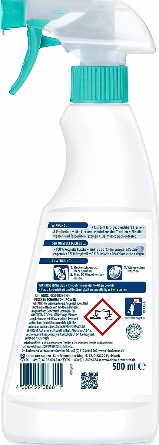 Dr. Beckmann Pianka Oxi-Power | środek do usuwania plam | spray do mycia wstępnego | do wszystkich tekstyliów i kolorów | 500 ml