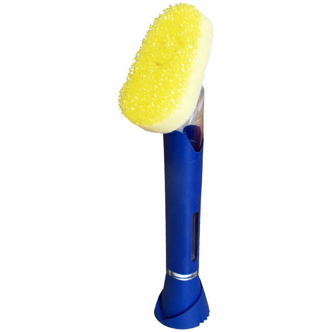 Scrub Daddy Dish Daddy - FlexTexture Skrobaczka gąbka do naczyń, wbudowany uchwyt dozownik płynu i mydła, szczotka do skrobania i zdejmowana głowica - Stoisko antywyciekowe - Niebieski