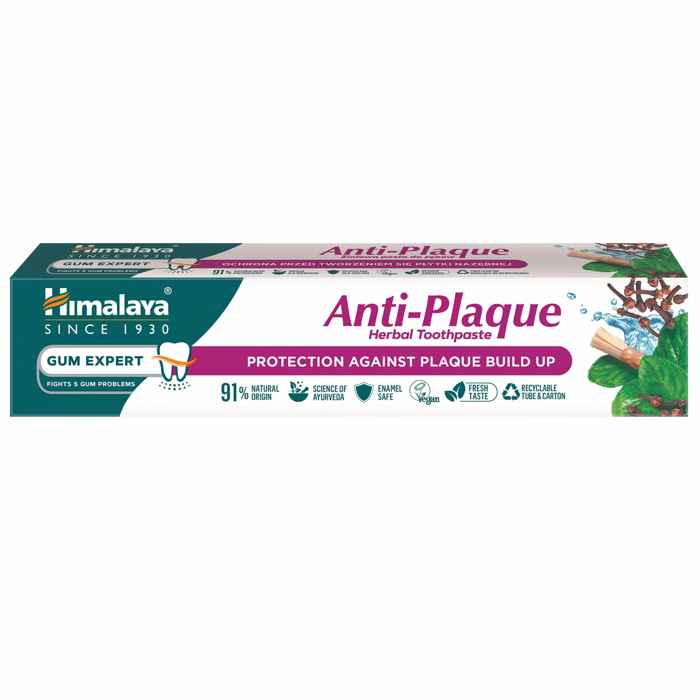 Himalaya Anti-Plaque Ziołowa Pasta do Zębów 75 ml | Skład Naturalnego Pochodzenia | Ochrona przed Płytką Nazębną | Wegańska Formuła bez Fluoru| Bezpieczna dla Szkliwa | Świeży Oddech