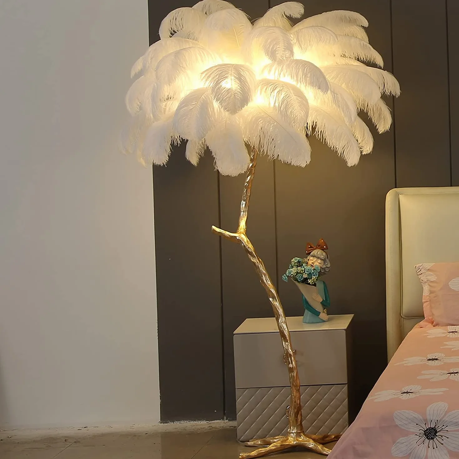 Lampa podłogowa z piórami, luksusowa żywica LED z cieniem strusich piór, ściemniane światło, idealna do czytania, sypialni, biura domowego, przedpokoju